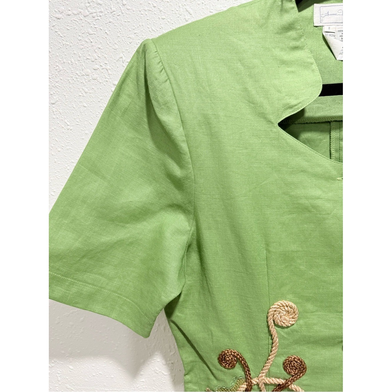 SET of two Vintage 100% RAMIE Embroidered Green high waist Trousers and blouse 8