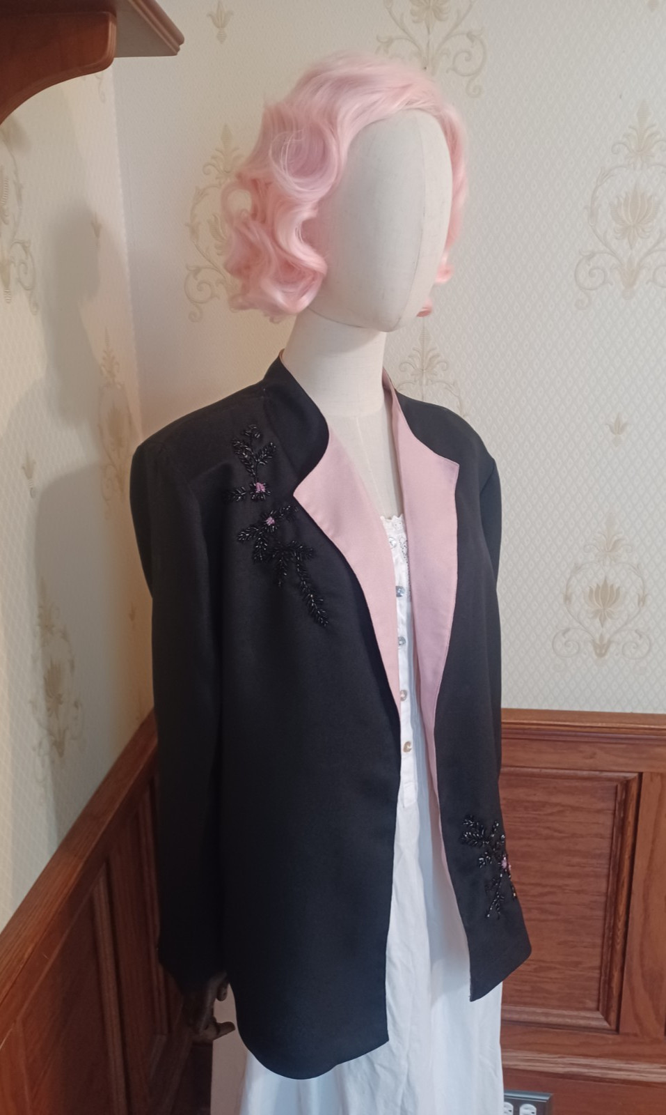 Vintage 1980s Sara Morgan for Halbrand Black Pink Beaded Office Witch Jacket