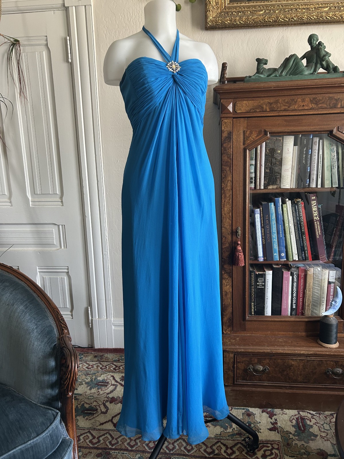Vintage Y2K Laundry Shelli Segal Aqua Blue Silk Halter Maxi Dress Formal Fairy