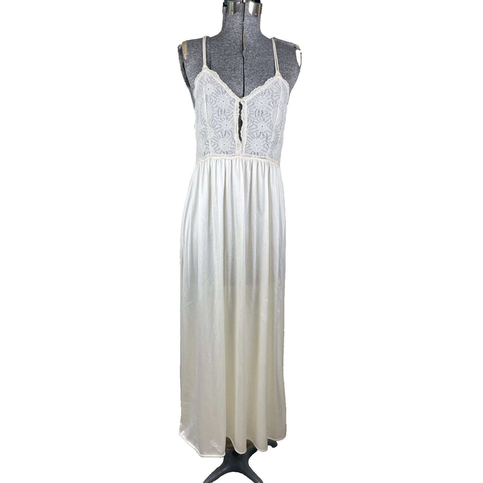 Vintage 80s Joie De Vie Nightgown Size Small Ivory Backless Keyhole Nylon Lace