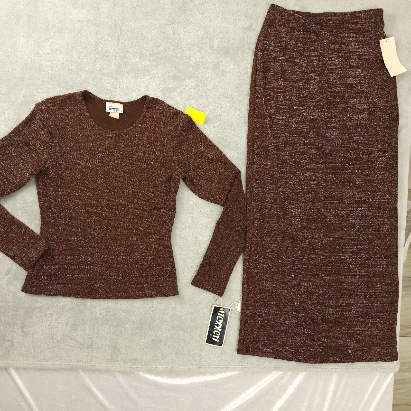 Vtg 70s Disco Brown Silver Metallic Lurex Slim Maxi Skirt Top Set Tags Deadstock