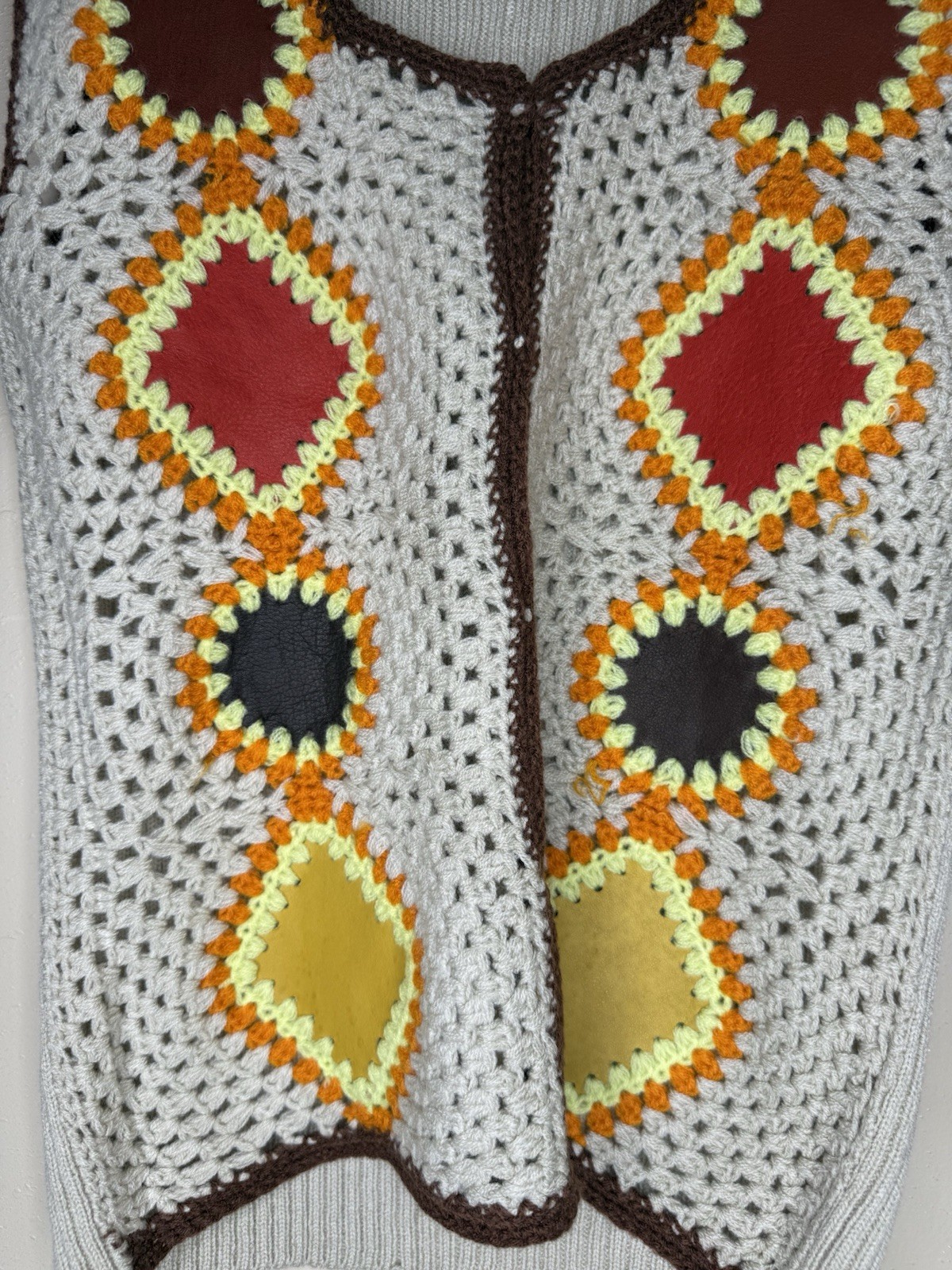 Vintage 70’s Aware Leather Knit Embroidered Crochet Vest Size Medium