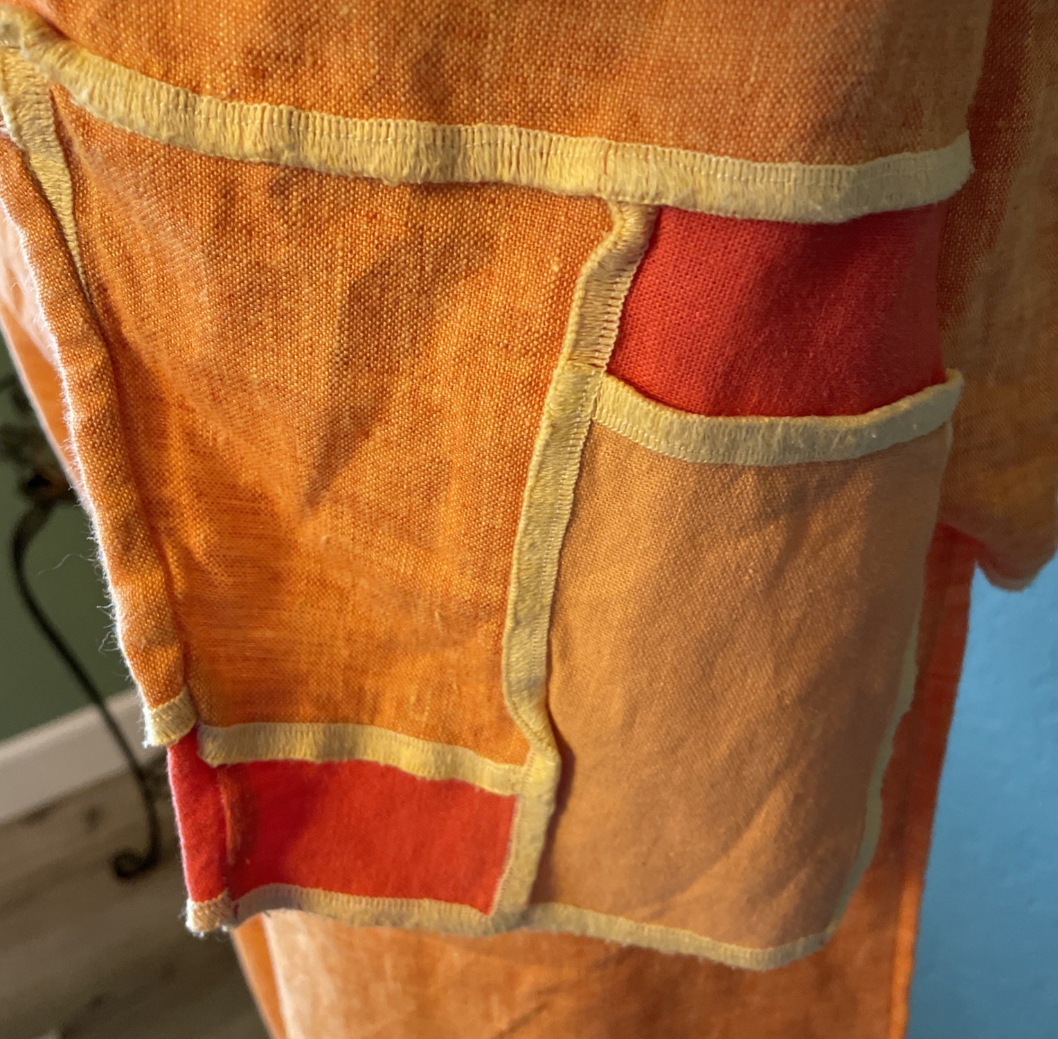 Jaskar Vintage BOHO Orange Patchwork Linen Long Sleeve 2 Pc Top Pants Set Medium