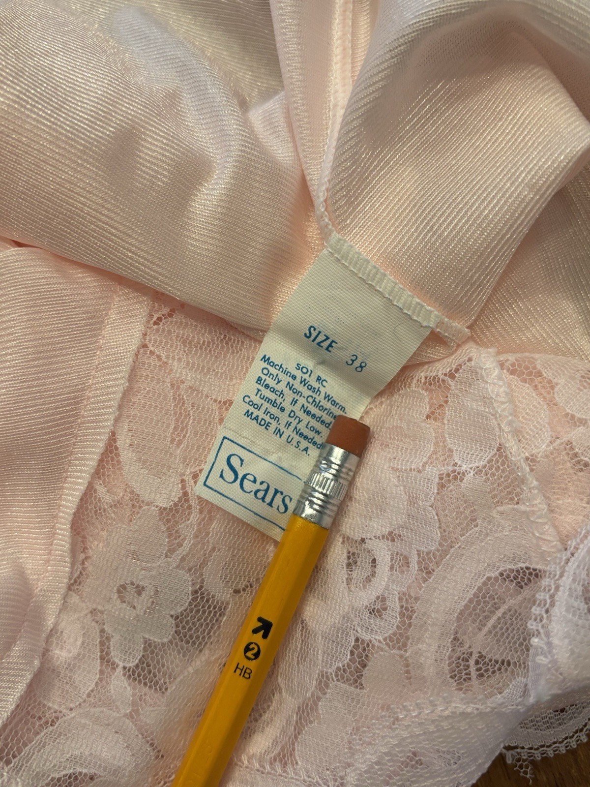 Vtg Sears Baby Pink Full Slip Dress Size 38 M Sheer Floral Lace Bodice Lingerie