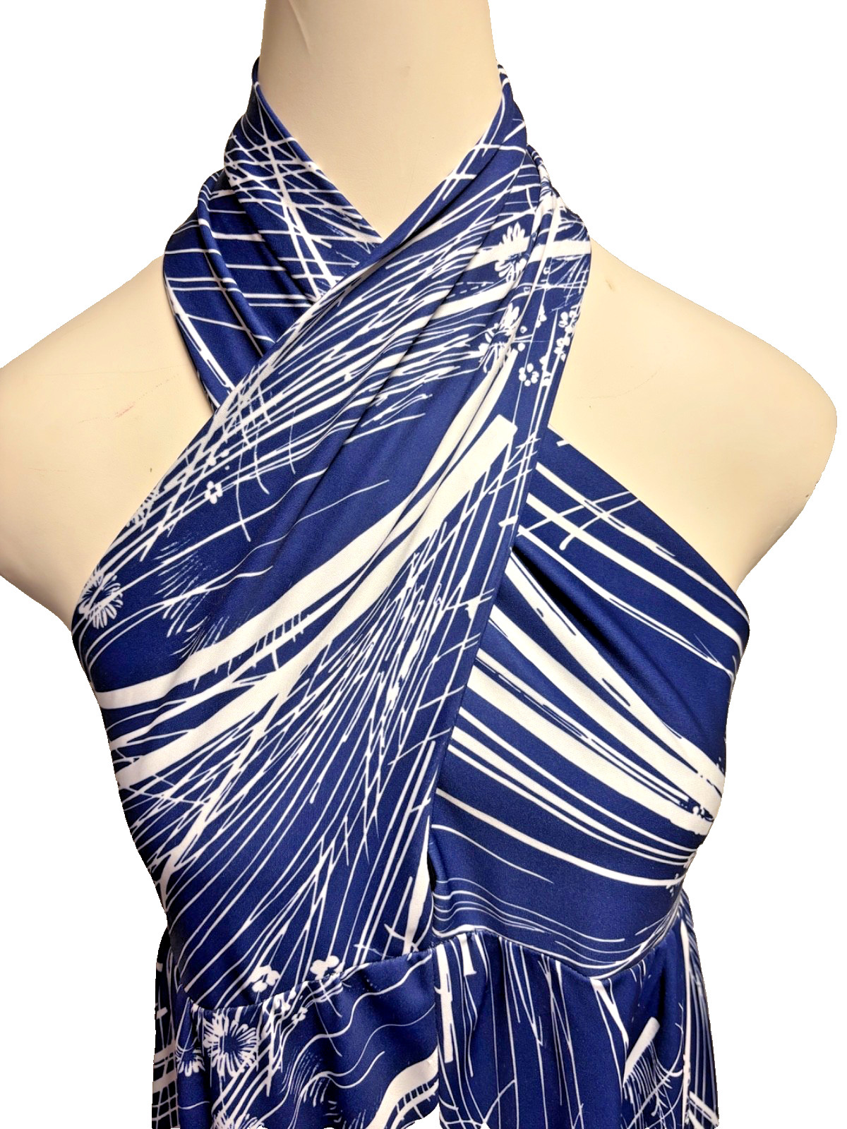 VTG 70’s Halter MAXI Dress Navy Blue White Abstract Floral Size S/M Tall EXC!