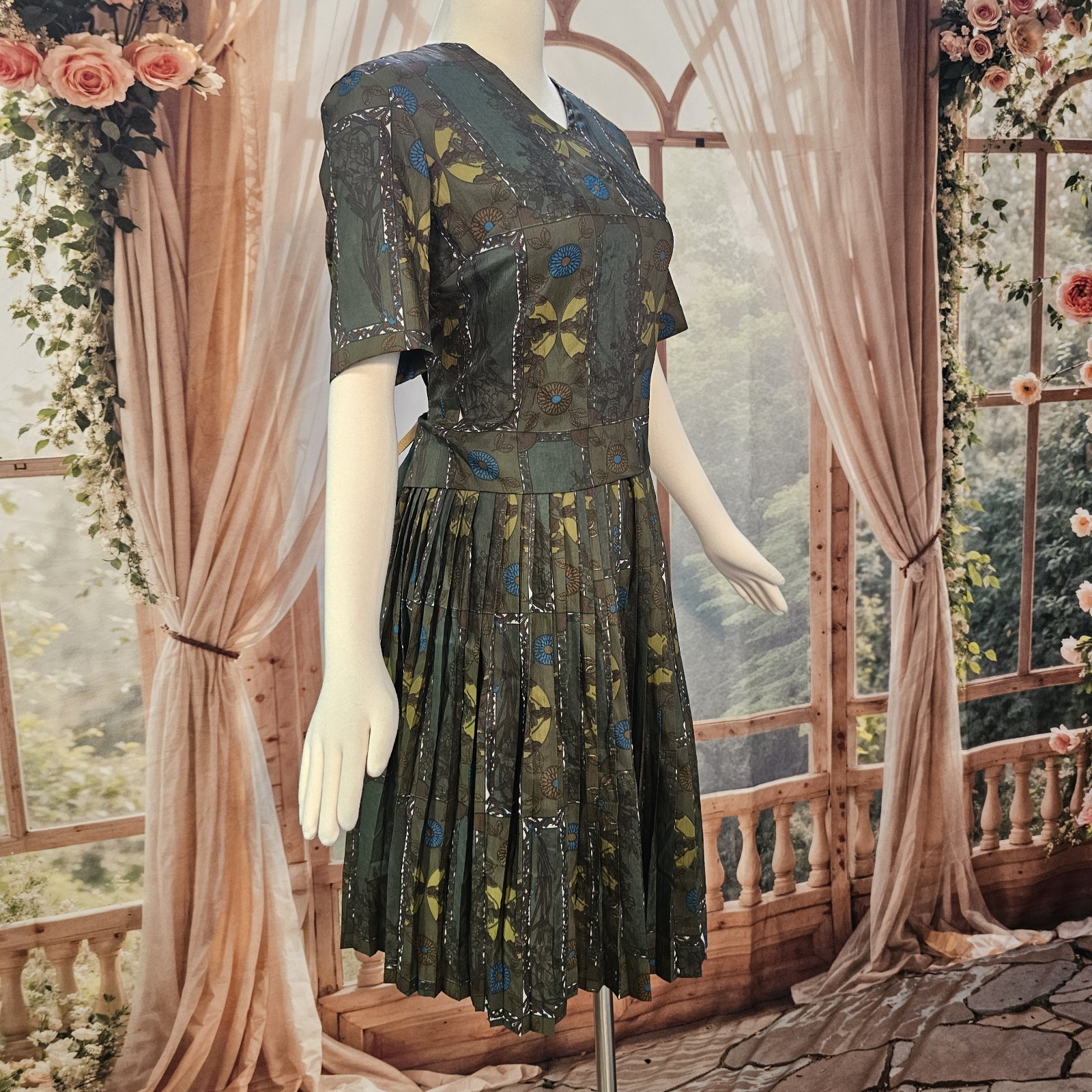 Vintage 1960’s Blouse Skirt Set Back Button Closures Pleated Skirt Olive Blue