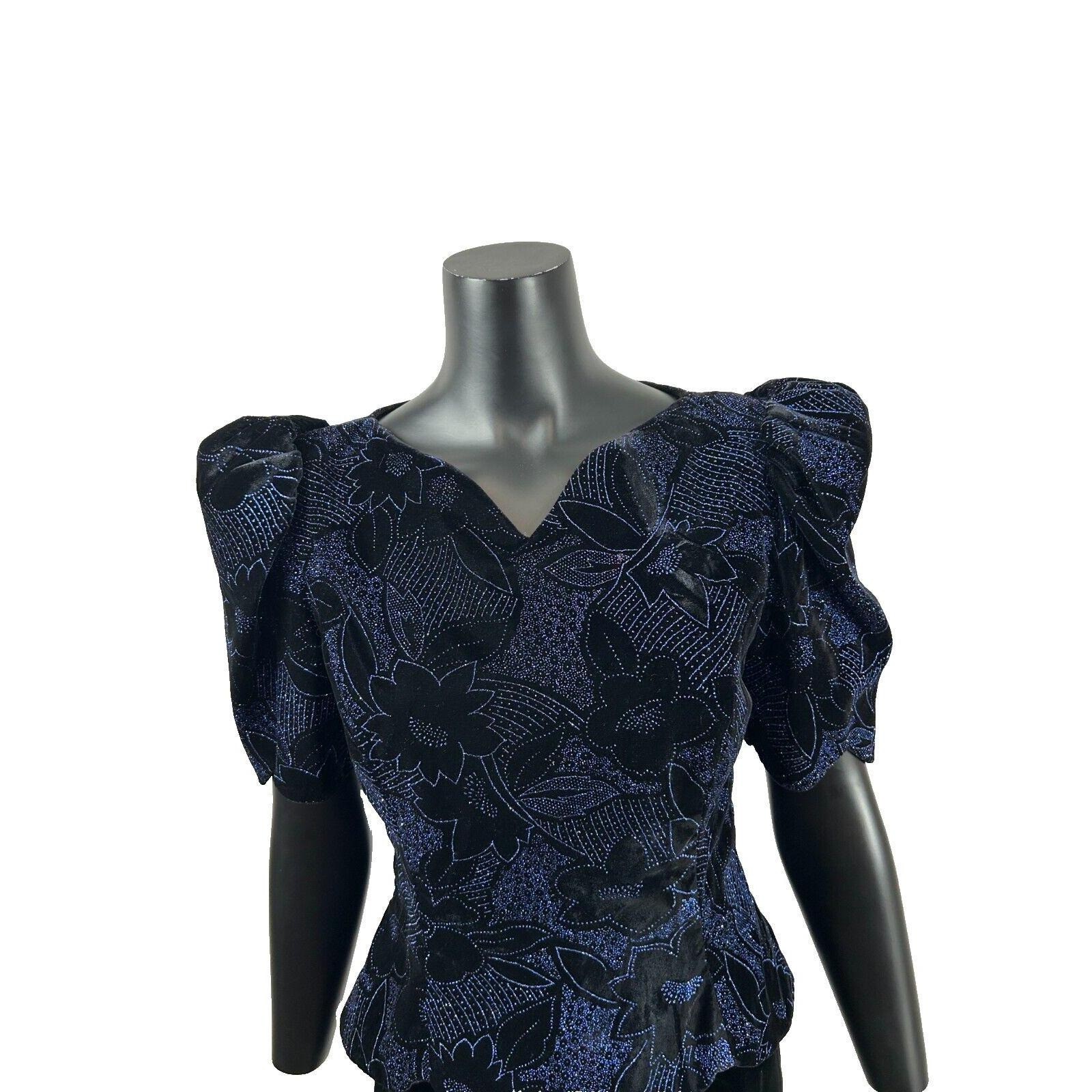 Vintage 80s Scott McClintock Dress 10 Blue Black Velvet Bow Cocktail Puff Sleeve