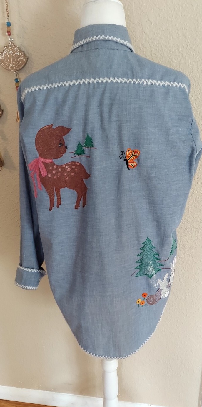 Vintage Big Mac Button Up JCPenny Shirt Embroidered Painted Deer Bunny Butterfly