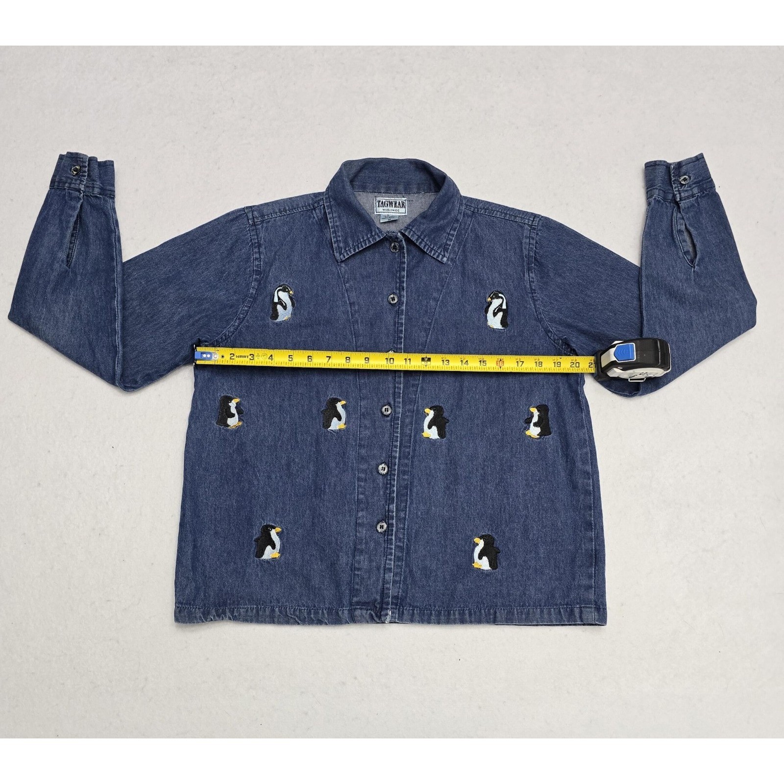 Tagwear Worldwide Vintage Blue Denim Penguin Embroidered Button Down Shirt Med