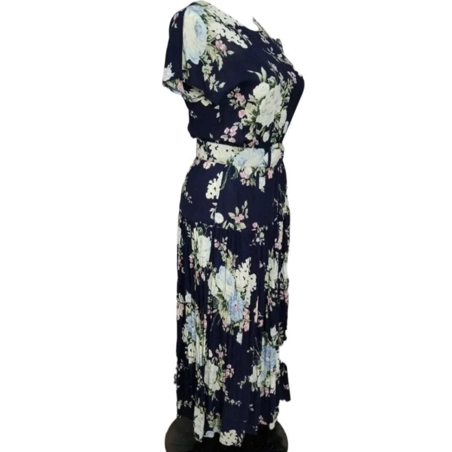Vintage 90s Ansley Navy Blue Floral Maxi Dress Rayon Pleated Skirt Belted USA 12