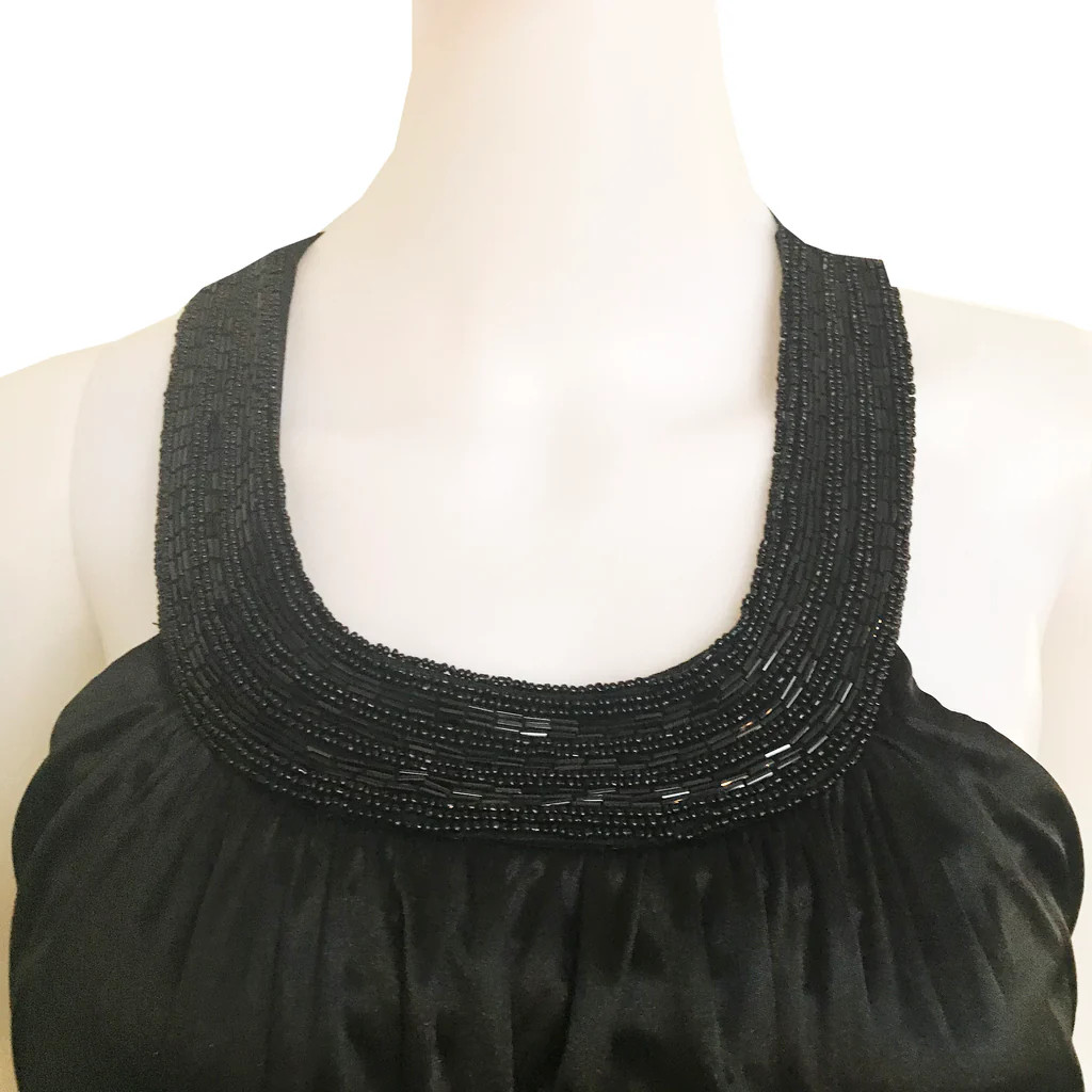 Vintage 1990s Black Satin Beaded Halter Mini Skater Dress S Cocktail Prom LBD