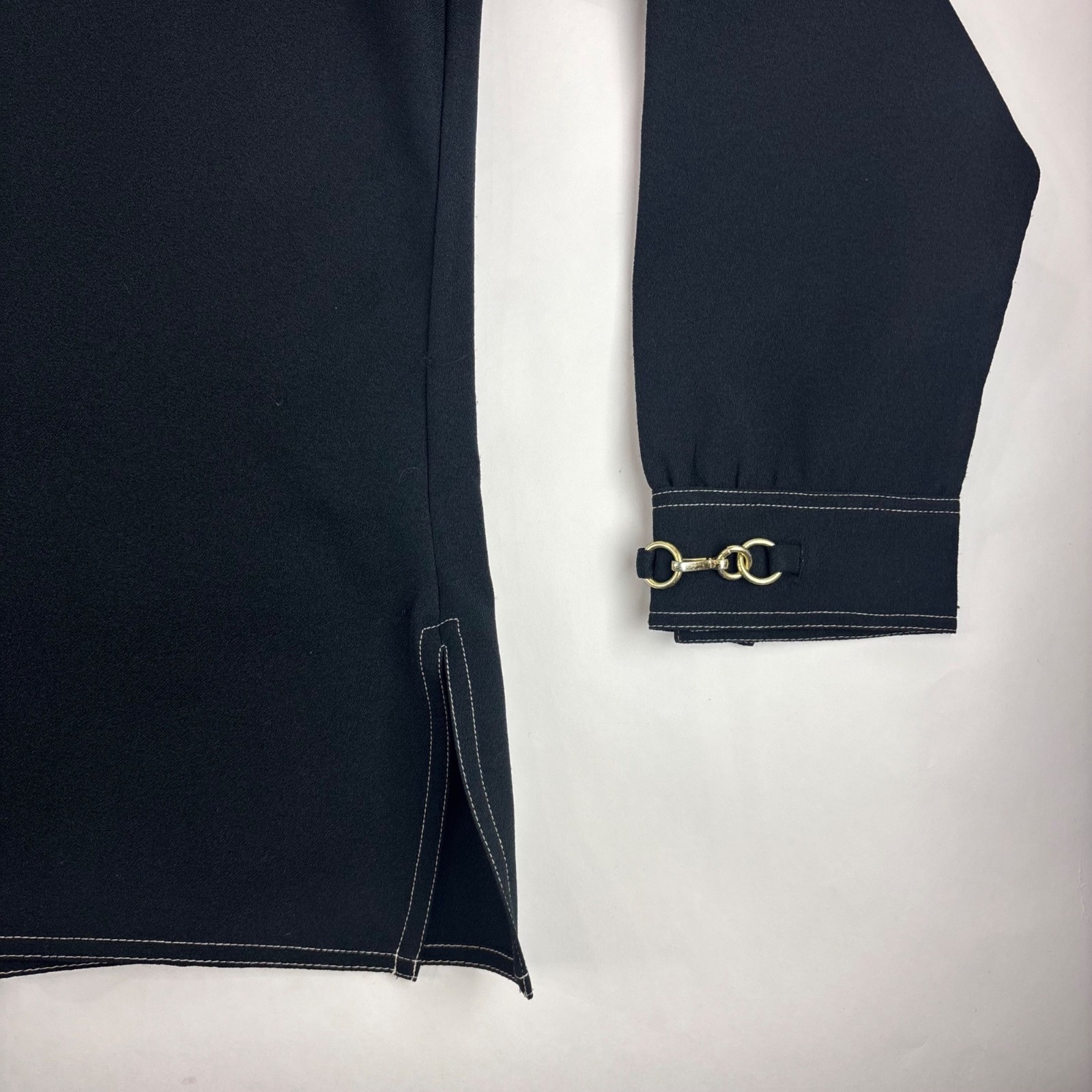 Vintage 70s Black Blouse Womens Large Gold Buttons & Buckles Button Down Shirt