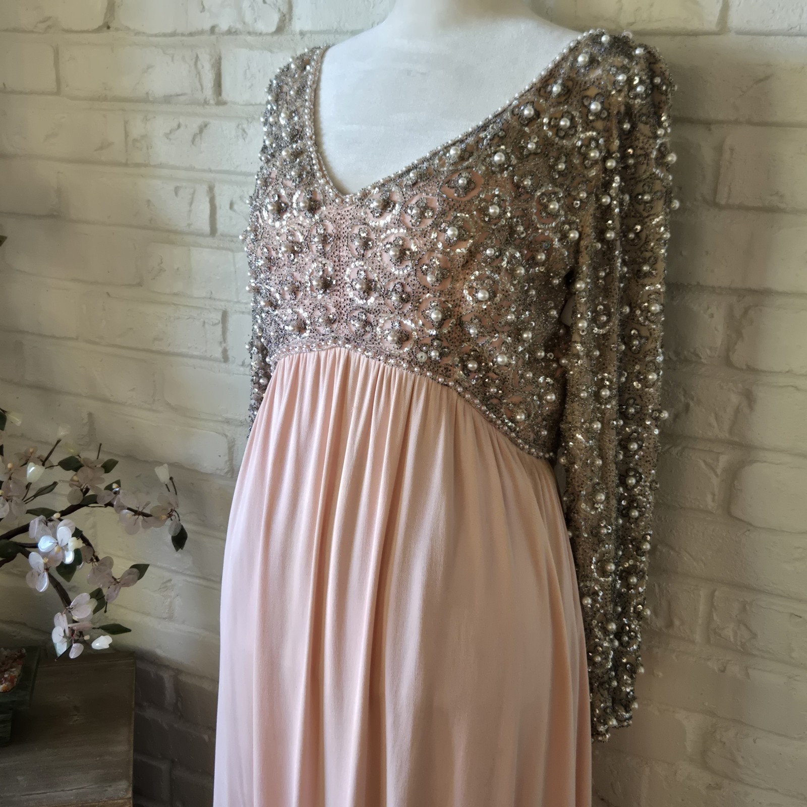 Vtg 60s Pink Embellished Victoria Royal Ltd. Gown, Maxi Dress, Party, 4/S