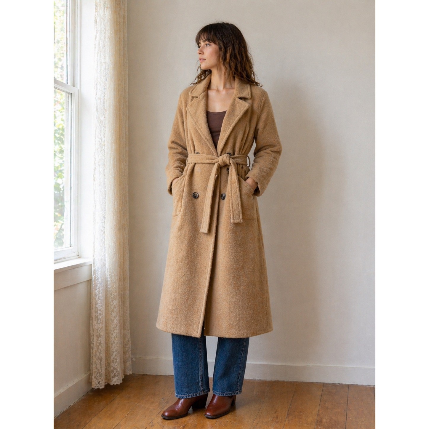 Vintage 100% Camel Hair Double Breasted Coat Womens Belted Long Tan Winter Coat
