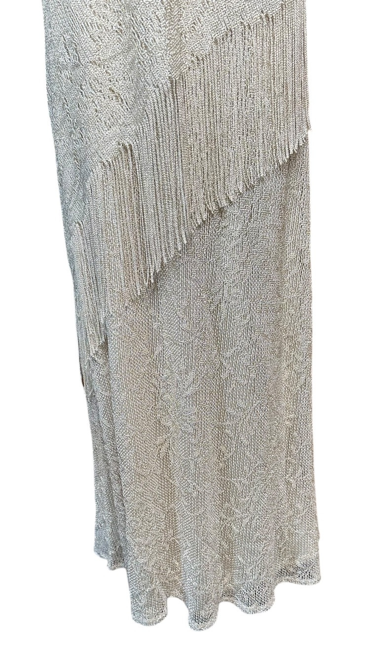 Vtg SL Fashions Cream Gold Lame Sparkly Formal Long Party Dress with Fringe 6