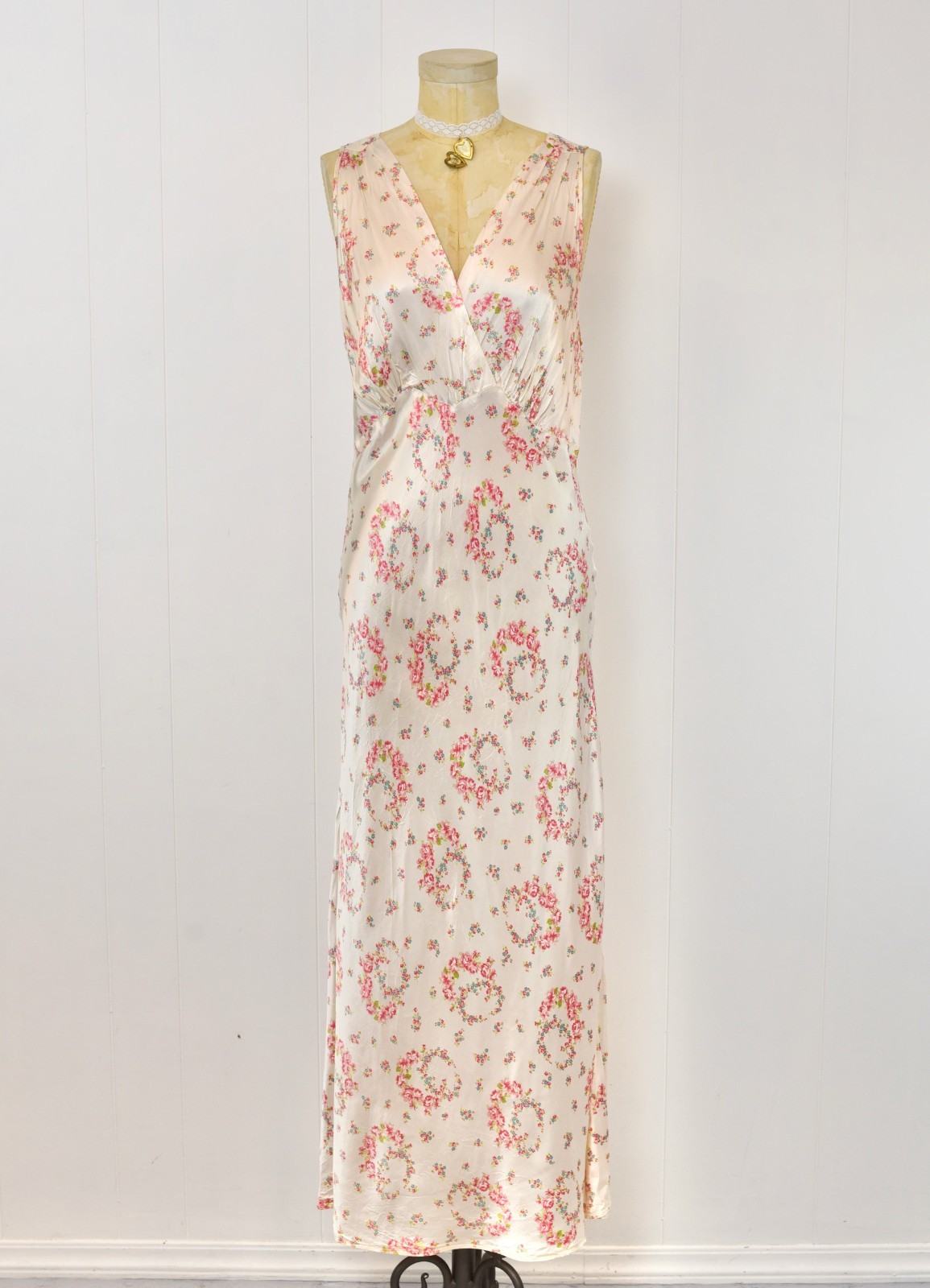 Antique 1930s 40s Floral Print White Rayon Satin Bridal Lingerie Nightgown Dress