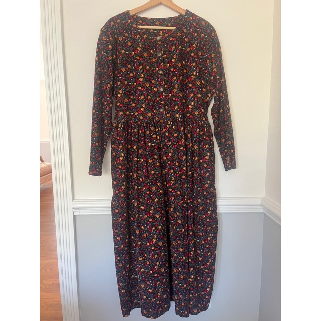 Vtg Country Trad Wife Floral Maxi Dress Large Long Sleeve Corduroy Cotton
