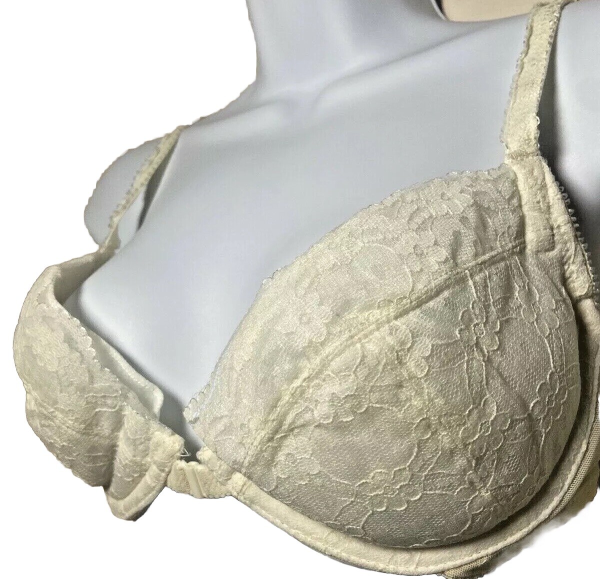 Vtg NOS Bra Padded Push Up Lace UW Cameo Front Close Ivory 1980s Add A Cup 36C