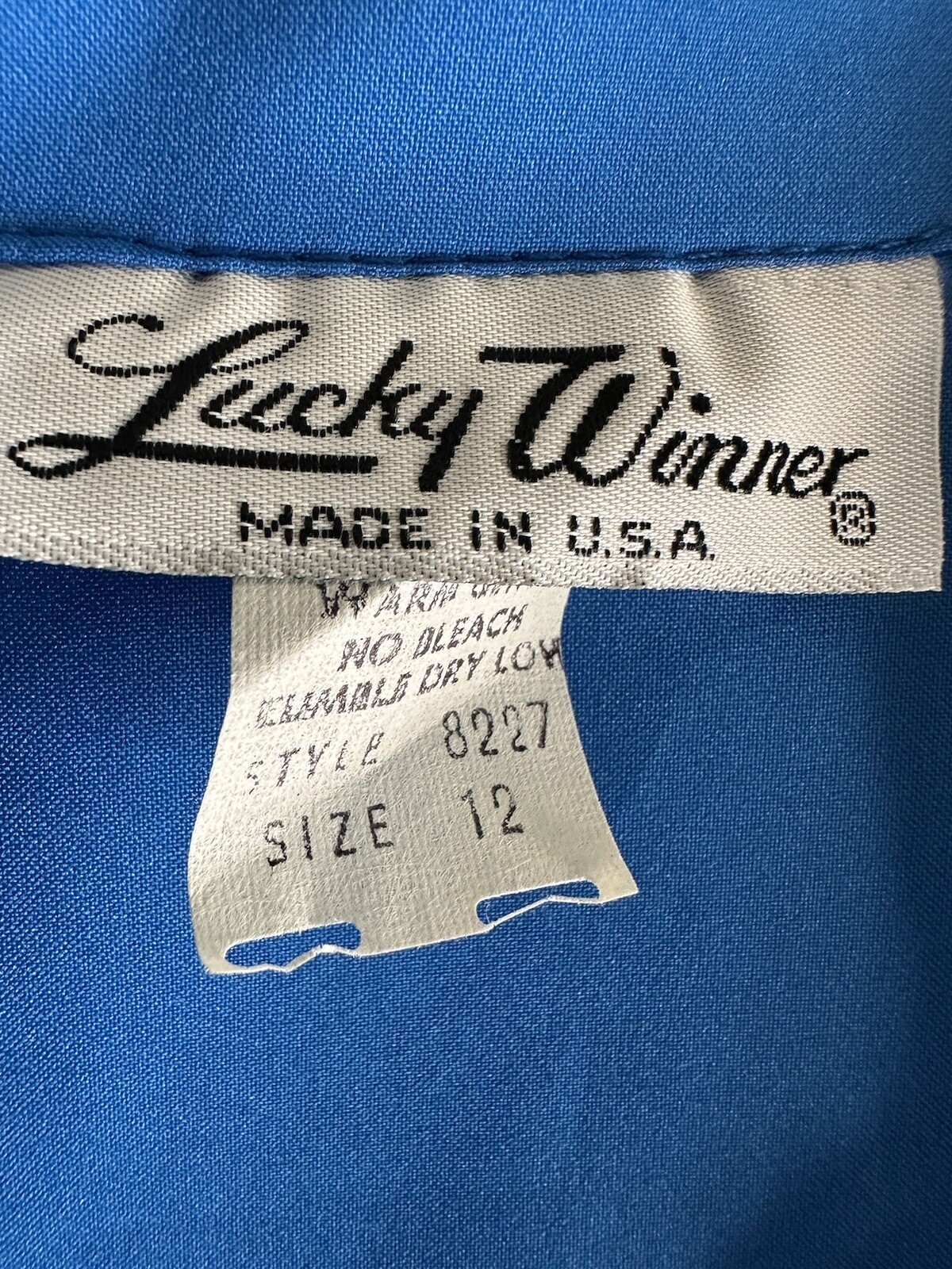 VTG Lucky Winner Women’s Blue Long Sleeve Gold Shell Button Up BLOUSE 12 USA