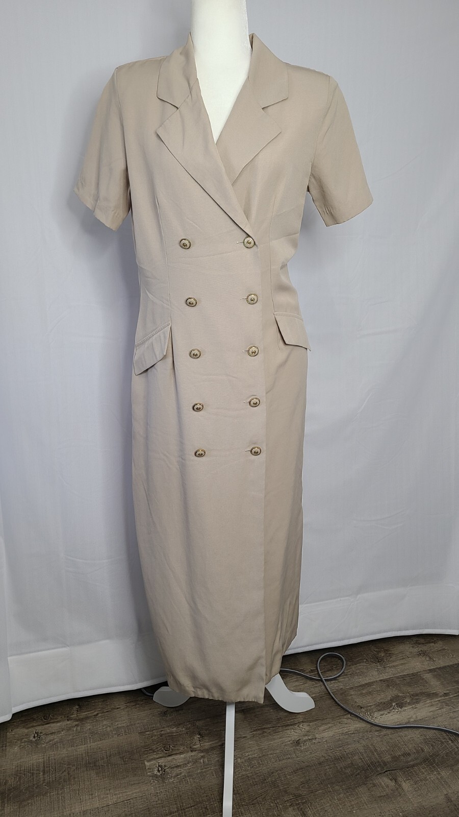 Jennifer James Womens Sz 12 Beige Gold Button Long Blazer Dress Career