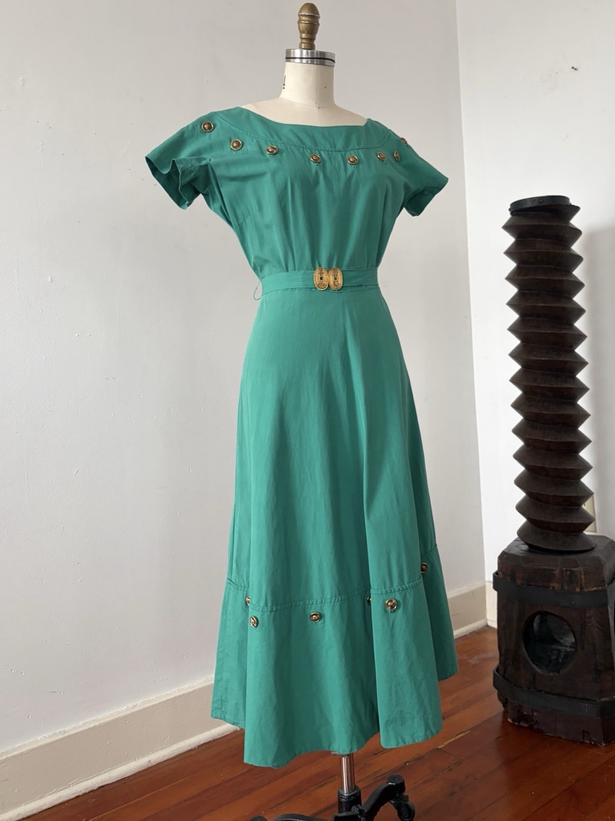 1950s Jade Green Polished Cotton Day Dress Midi Bateau Neck Crest Buttons Resort
