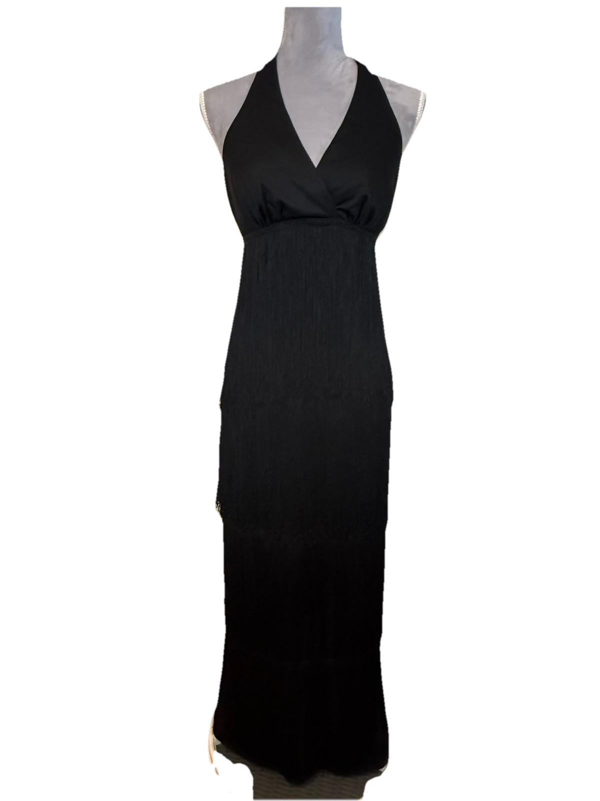 Vintage 70s Women’s Jack Hartley Black Flapper Halter Fringe Maxi Dress Size SM