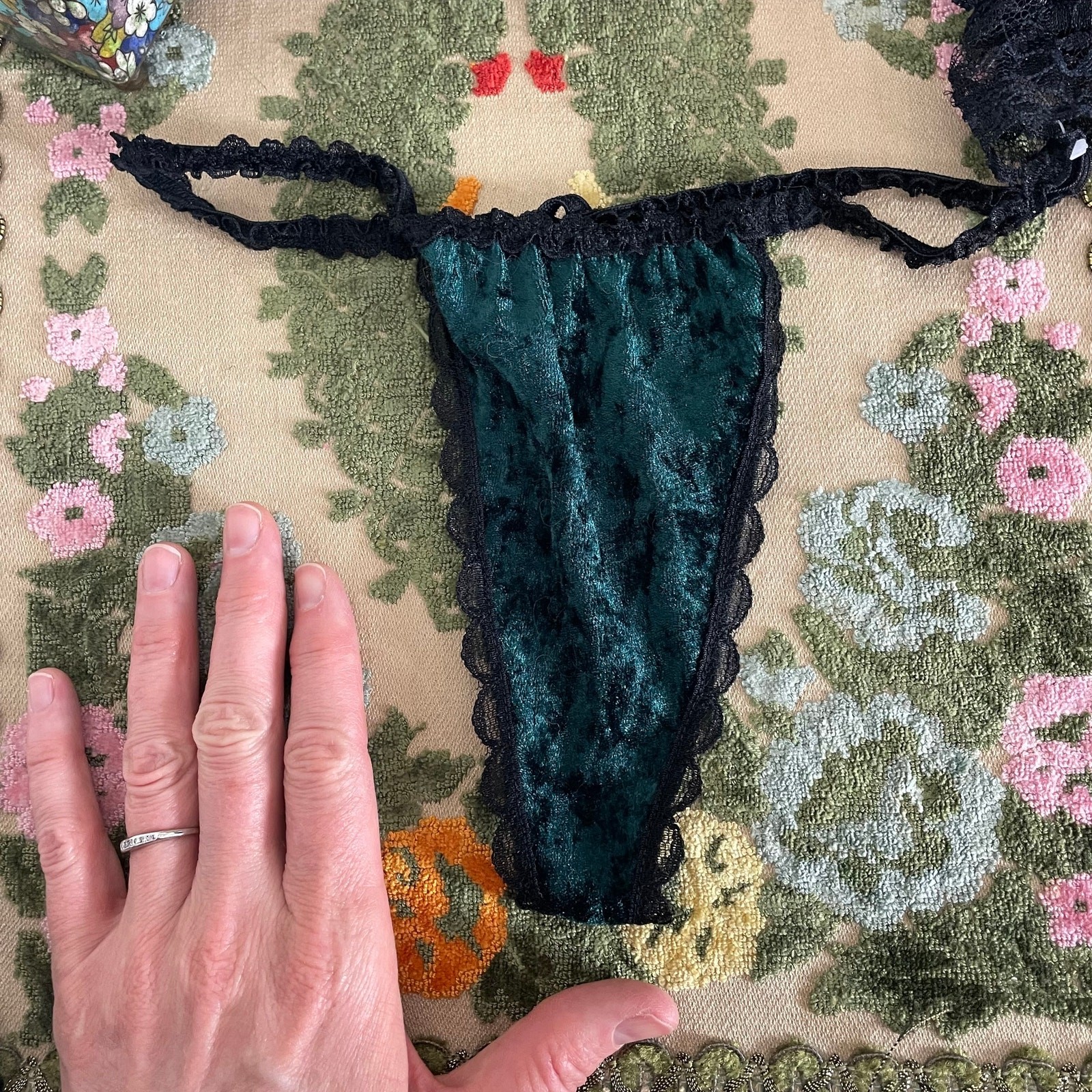 Vintage Green Velvet Teddy w Black Lace Trim, 1970s Corset Style Top w Panty, M