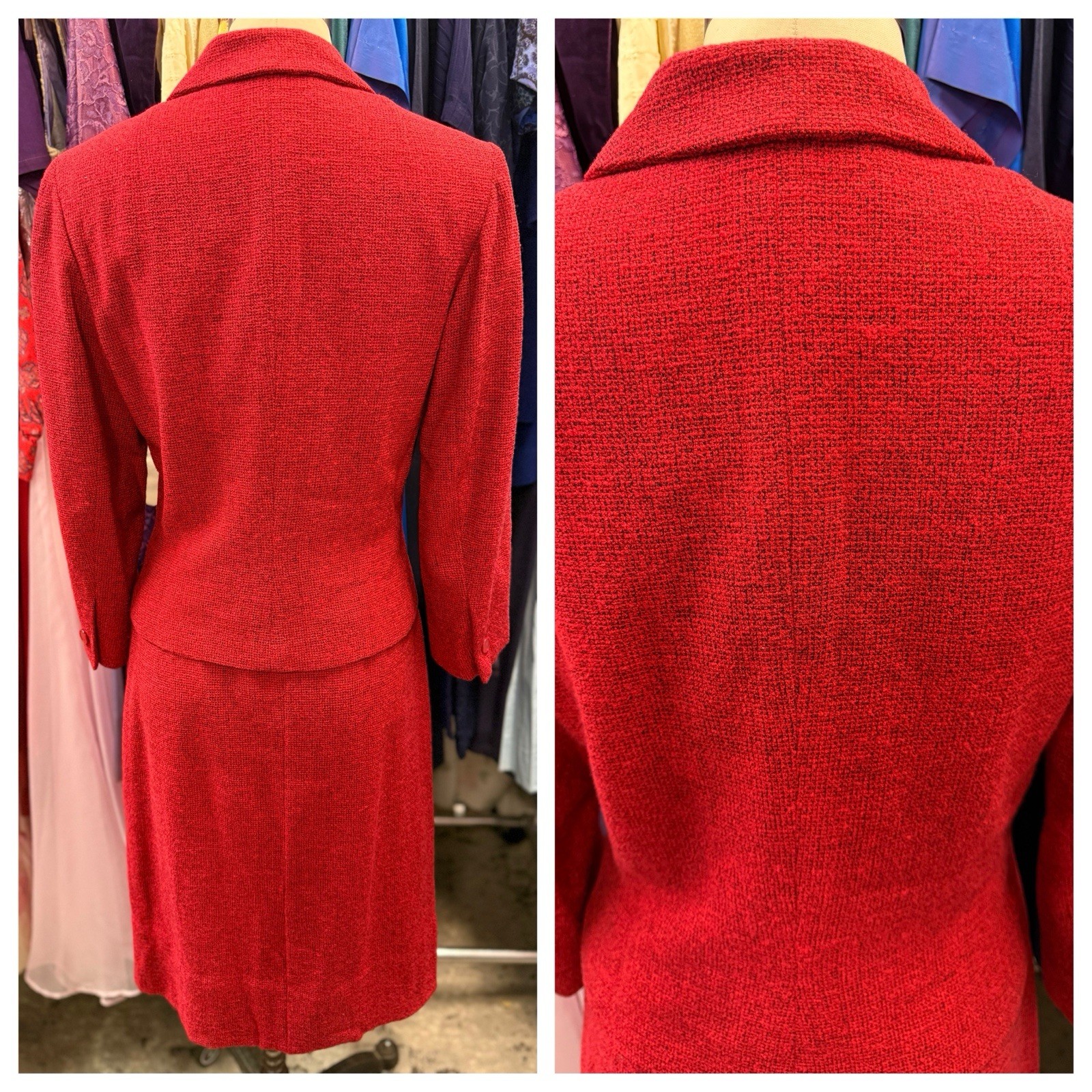 Vintage 1950s Textured Cherry Red Tweed 2pc Womens Suit Blazer / Skirt Small