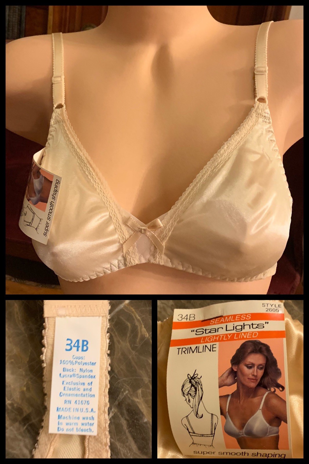 Vintage Bra Smooth Beige Lined Seamless Nude Polyester Adjustable 1970s NEW 34B