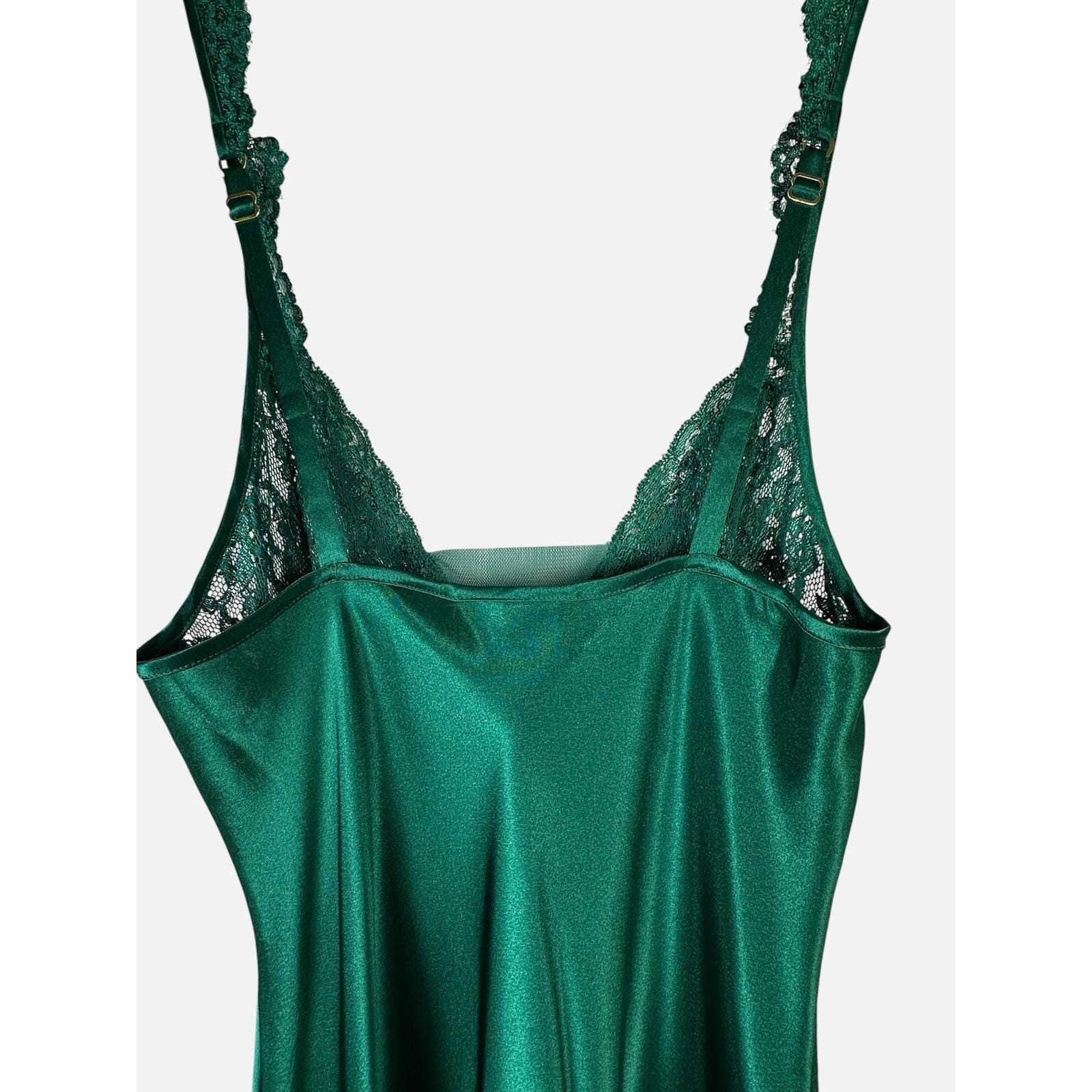 Vintage Victorias Secret Gold Label Emerald Green Satin Lace Slip Dress XS P