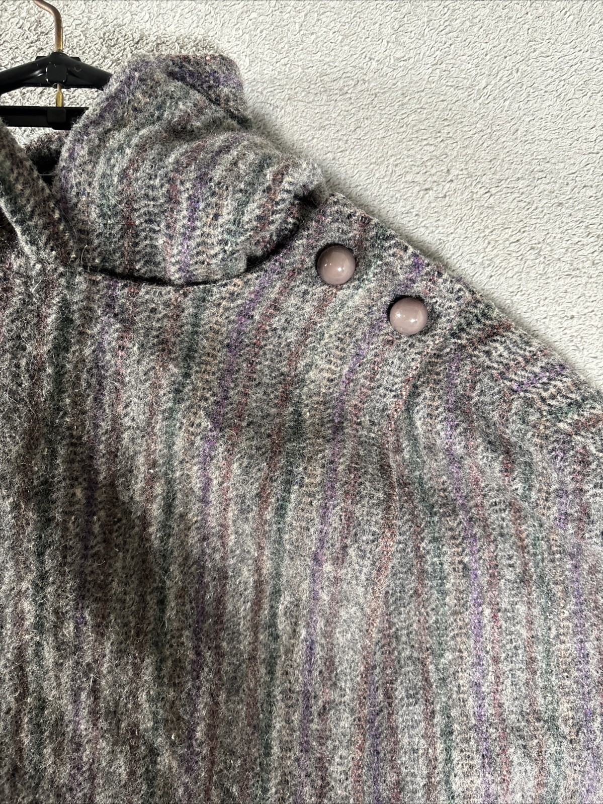 Vintage Claude Danielle Tweed Hooded Poncho Cape Grey Purple Red Women L-XXL