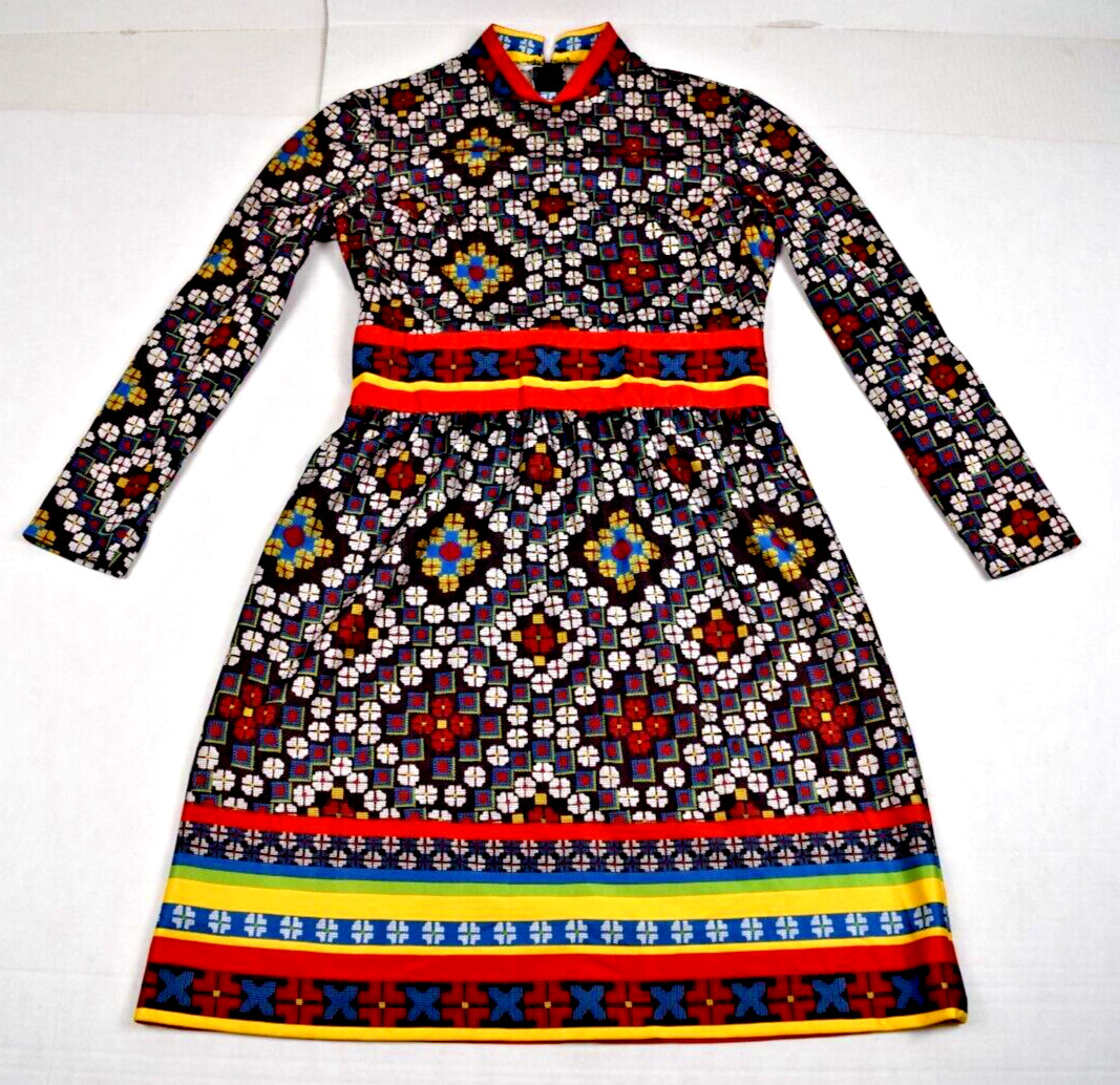 Vintage Westbury Fashions Dress Size S 60s Mosaic High Neck High Waist Mod GoGo
