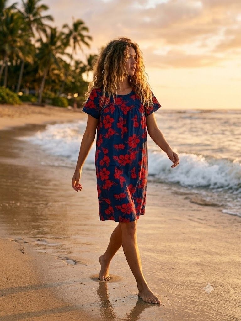 Vintage 70s Ui-Maikai Tiki Aloha Beach Dress Navy Red Medium Floral Muumuu Oasis