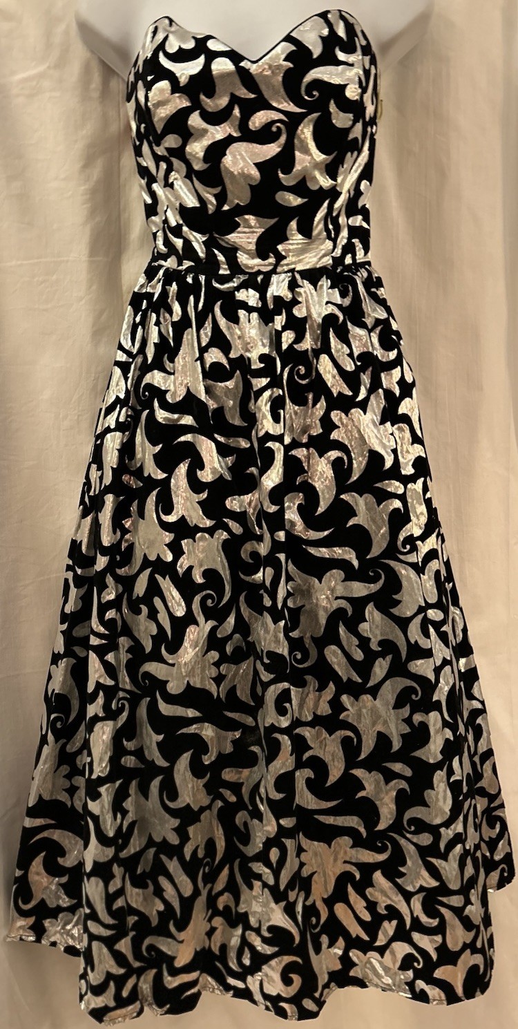 VTG 80s LA Glo Silver Black Lame Velvet Strapless Tulle Formal Prom Dress 9/10