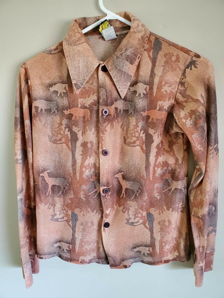 Spectrum Vintage 1970’s Brown Animal Print Shirt, Sz 16 Safari Rhino Eland