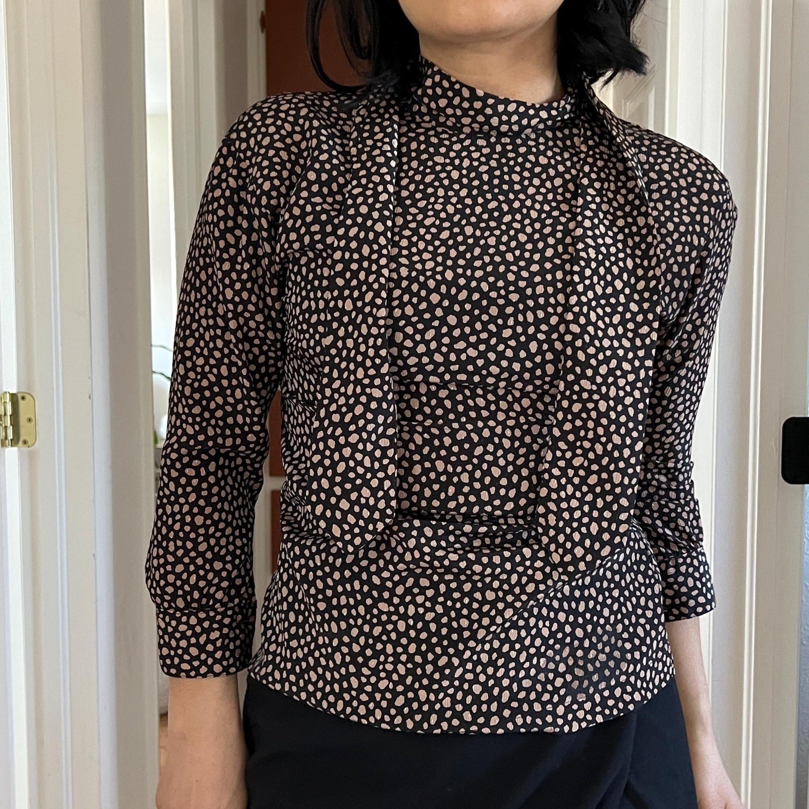 vtg 80s animal spot XS cravat button down blouse brown black neutrals