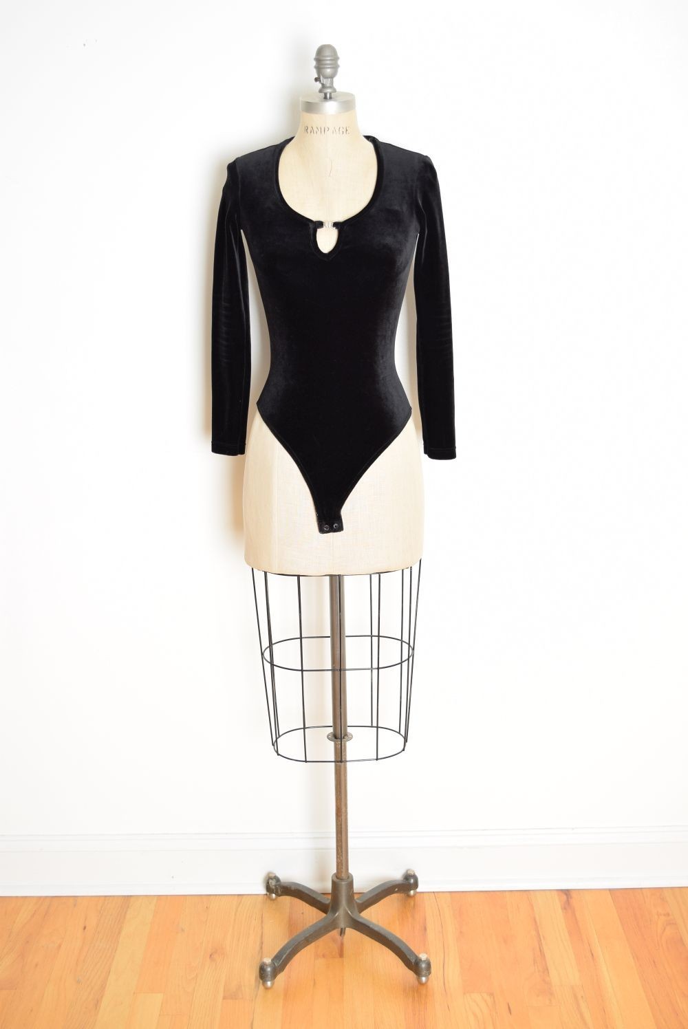 vintage 90s bodysuit black stretch velvet long sleeve grunge one piece top XS S