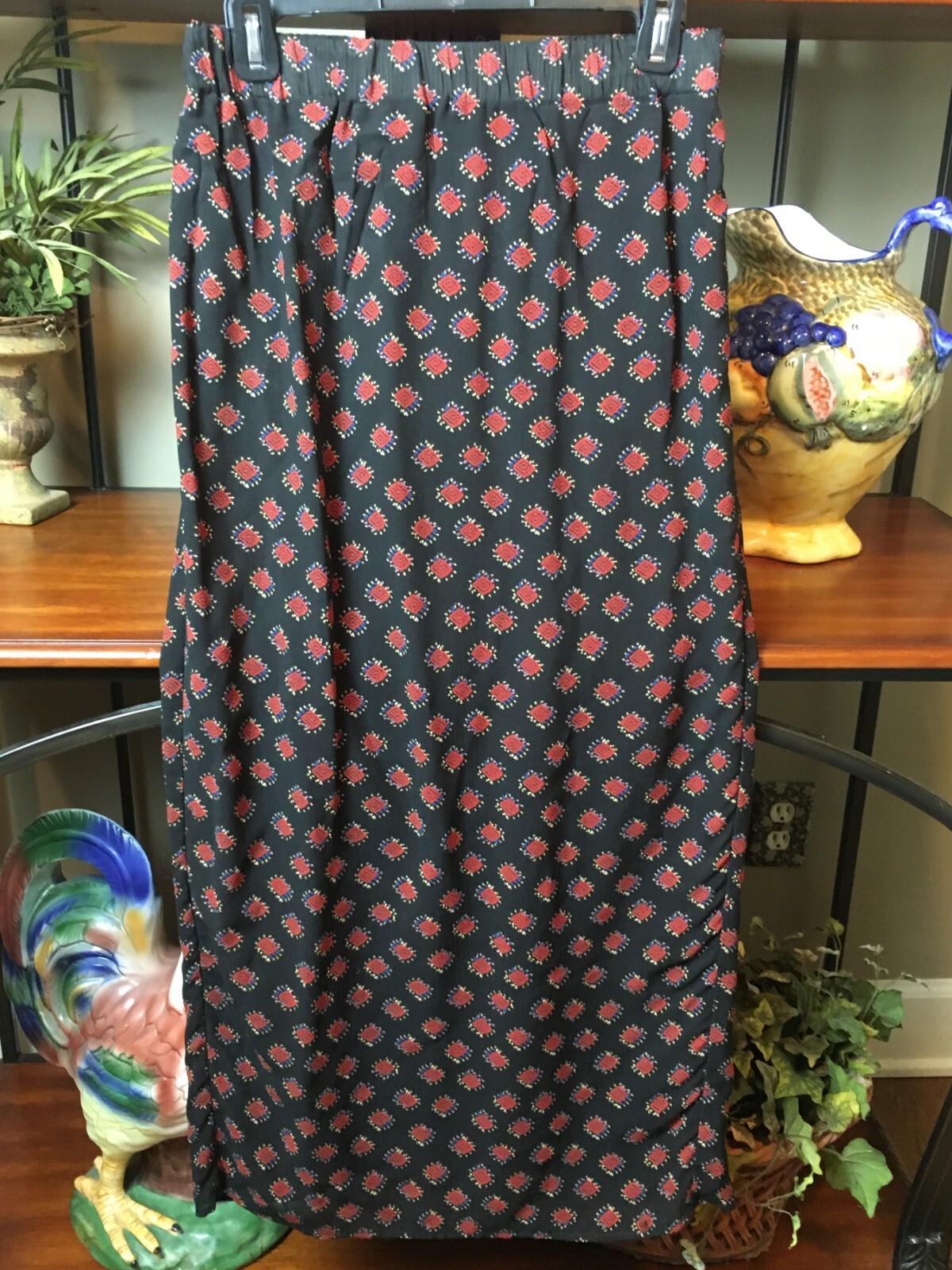VTG Carole Little Tribal Print Size 4 Long Slim Faux Wrap Skirt Black Red Gold