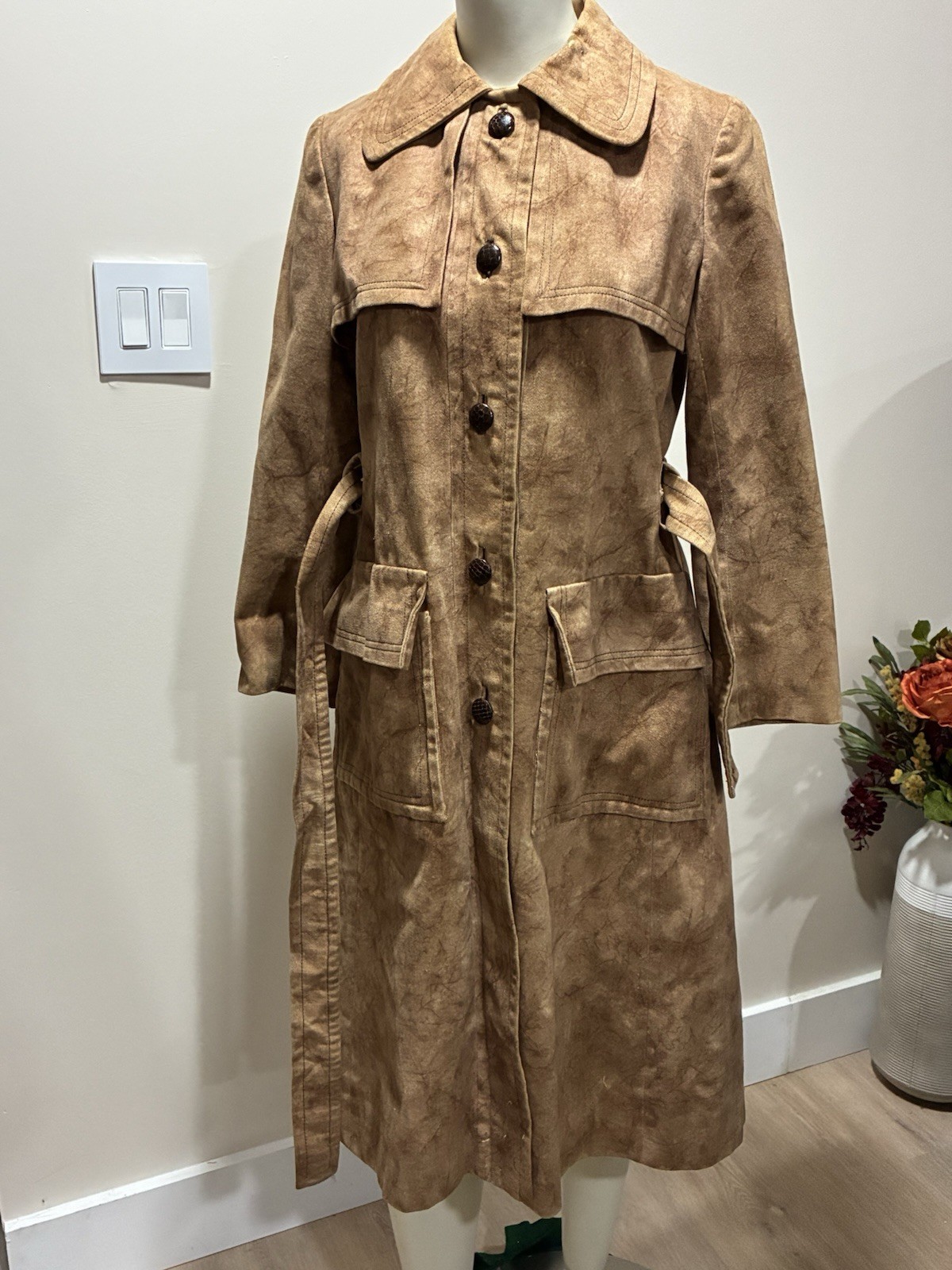 Vtg 70s Davidow Boutique Trench Coat Suede Look Cotton Color Stripe Lining USA