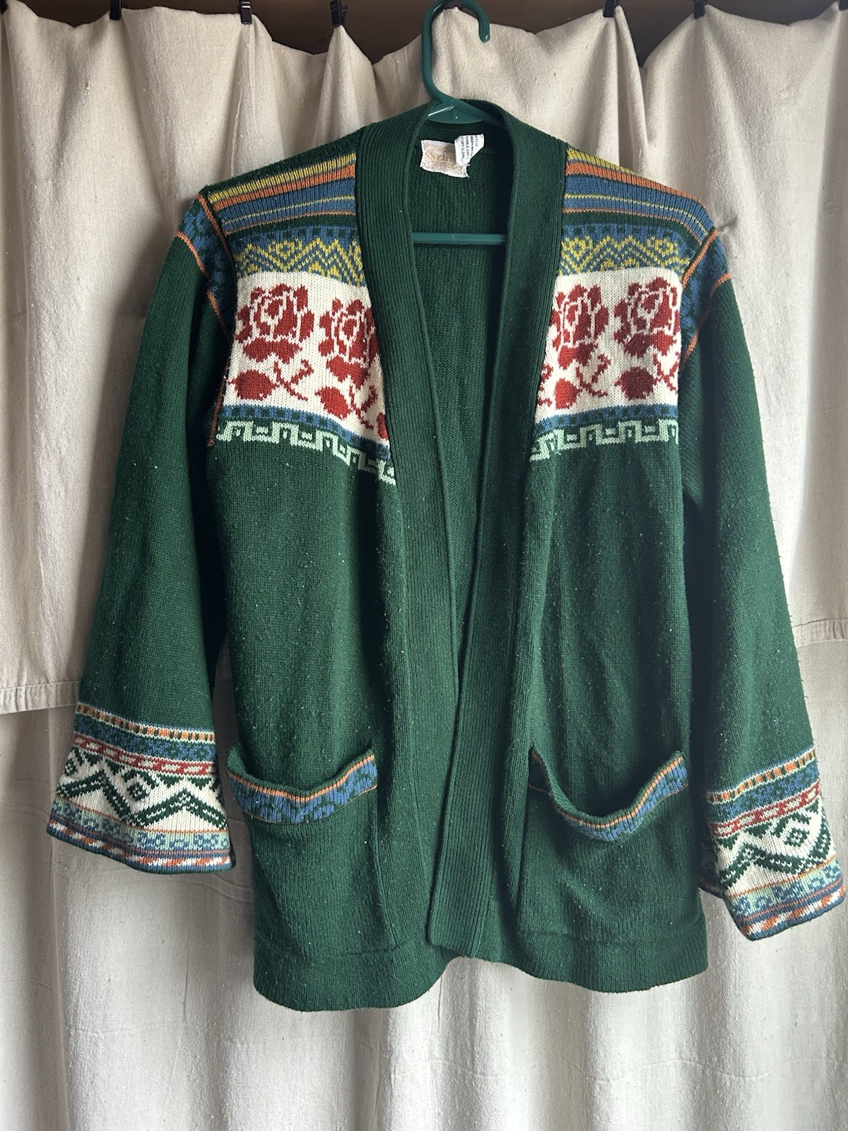 Vintage Rose Cardigan Size M Women’s Sweater Cottage Core Granny Knit Green 70s