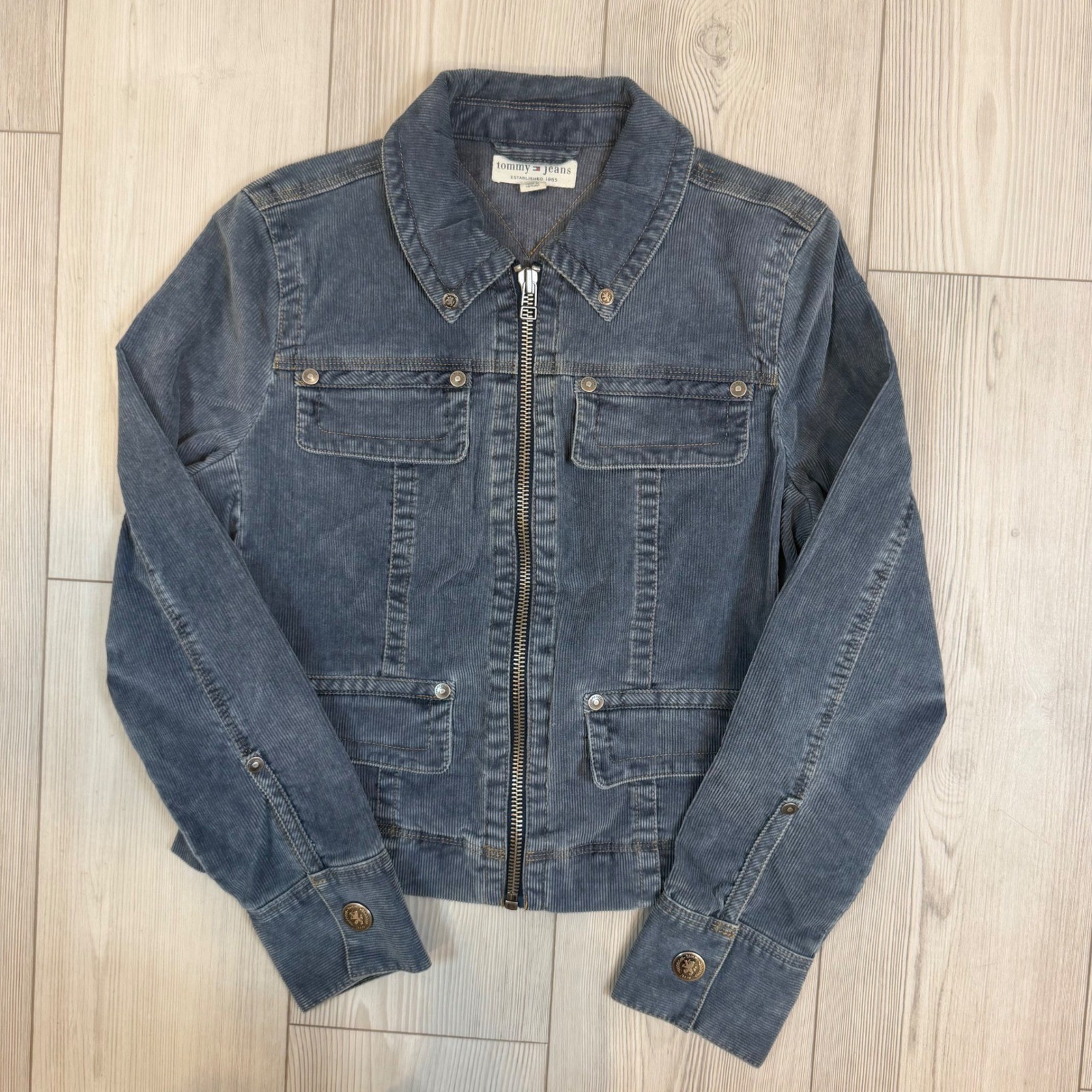 Vintage Tommy Jeans Blue Grey Corduroy Zip Up Jacket Women Large Cinch Back