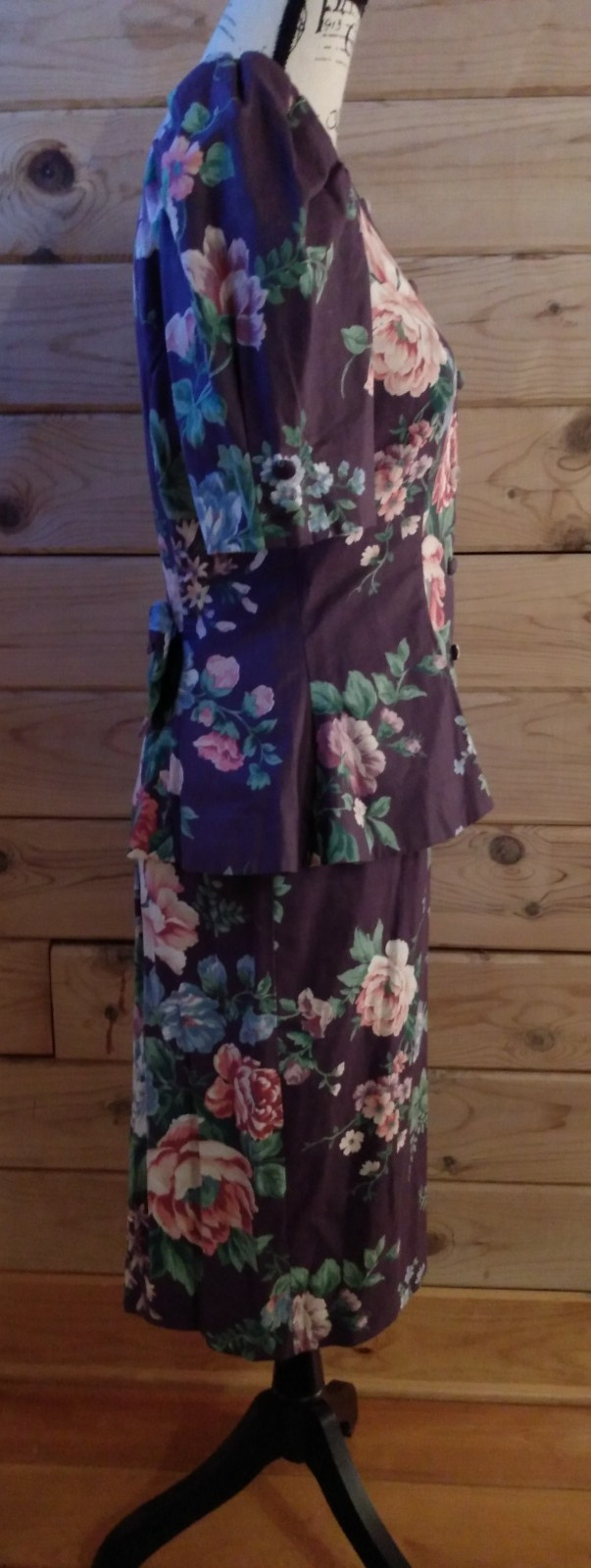 VTG 80s 90s Skirt Set Purple Peplum Floral 1940s Style Cottagecore Retro Size 8