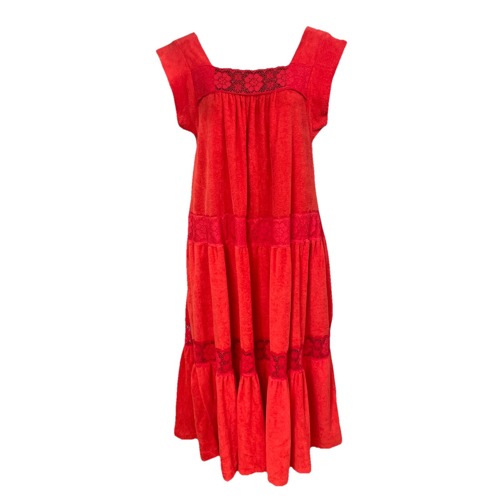Vtg 70s 80s Texsheen Terry Cloth House Dress Swim CoverUp M Red Muumuu Lace Trim