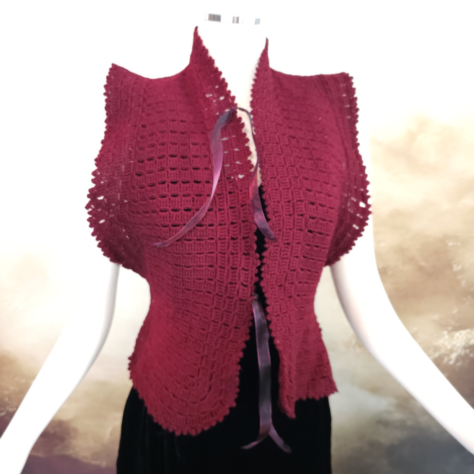 Burgandy Red Crochet Antique Vest 1920s 1930s Art Deco Sweater Shawl Bow Ties…
