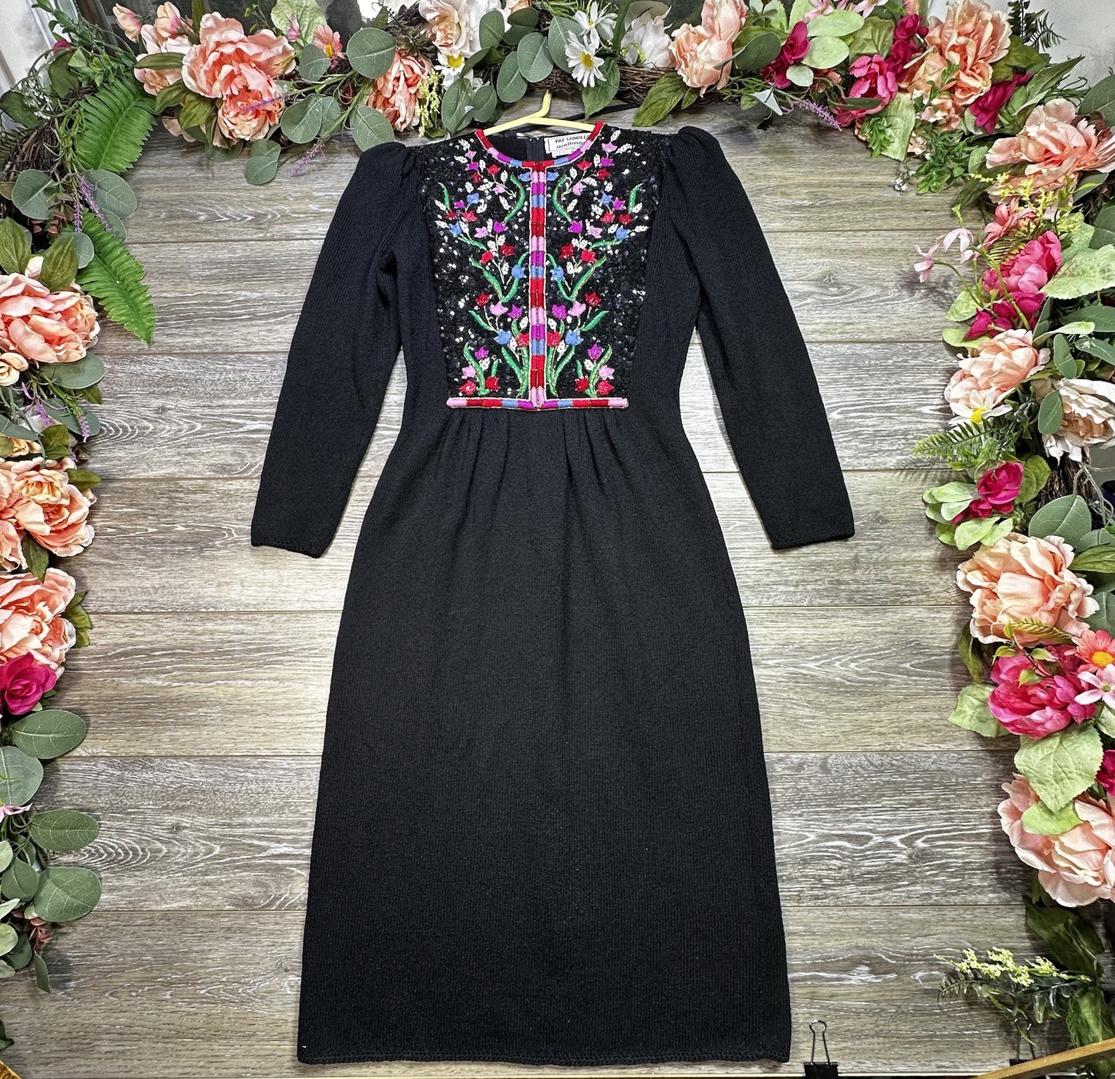 1980S PAT SANDLER FLORAL EMBROIDERED KNIT DRESS Vintage Black 4 Womens Sequin