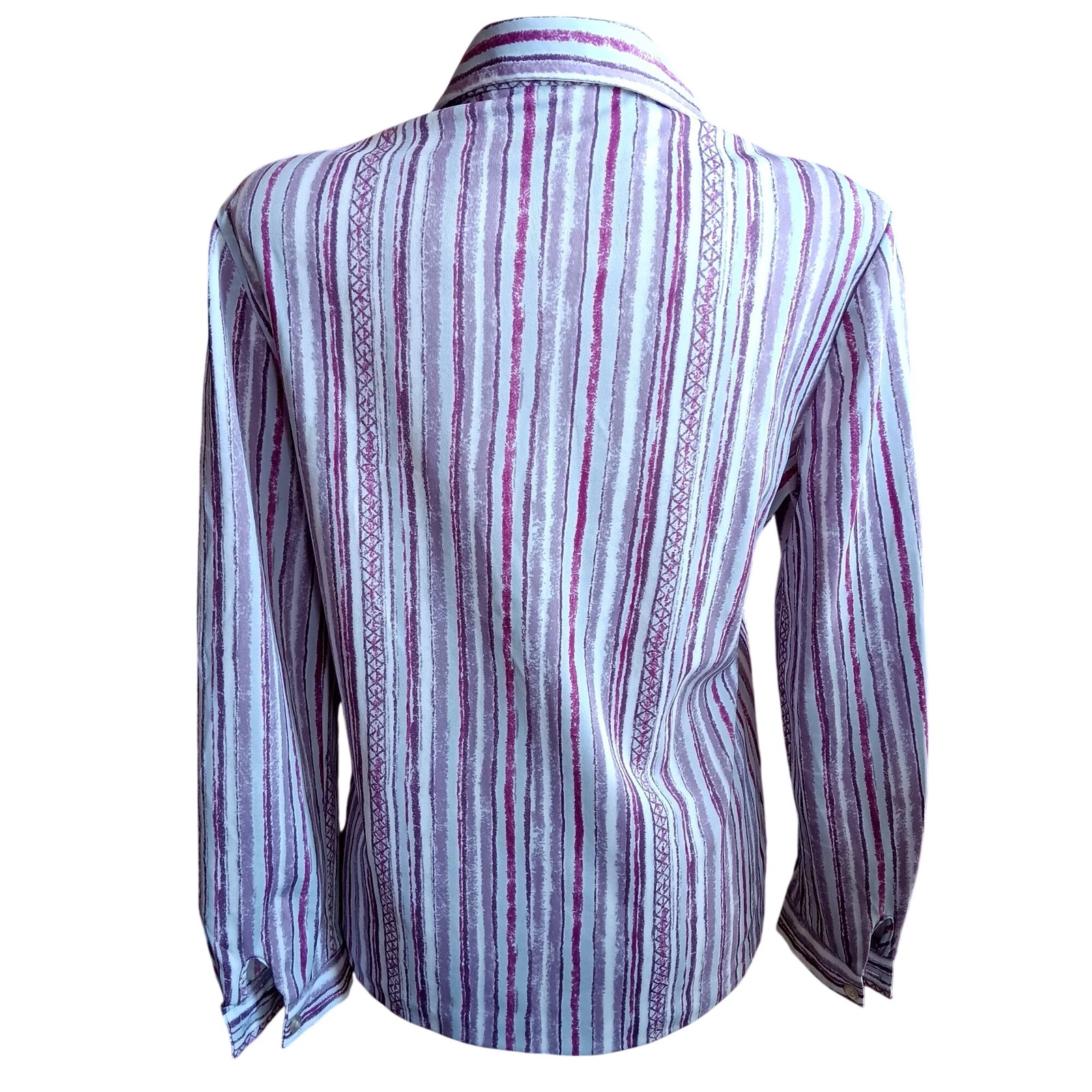 True Vintage Top 10 Medium 1970s Purple Polyester Striped Collared Ko Ko Knits