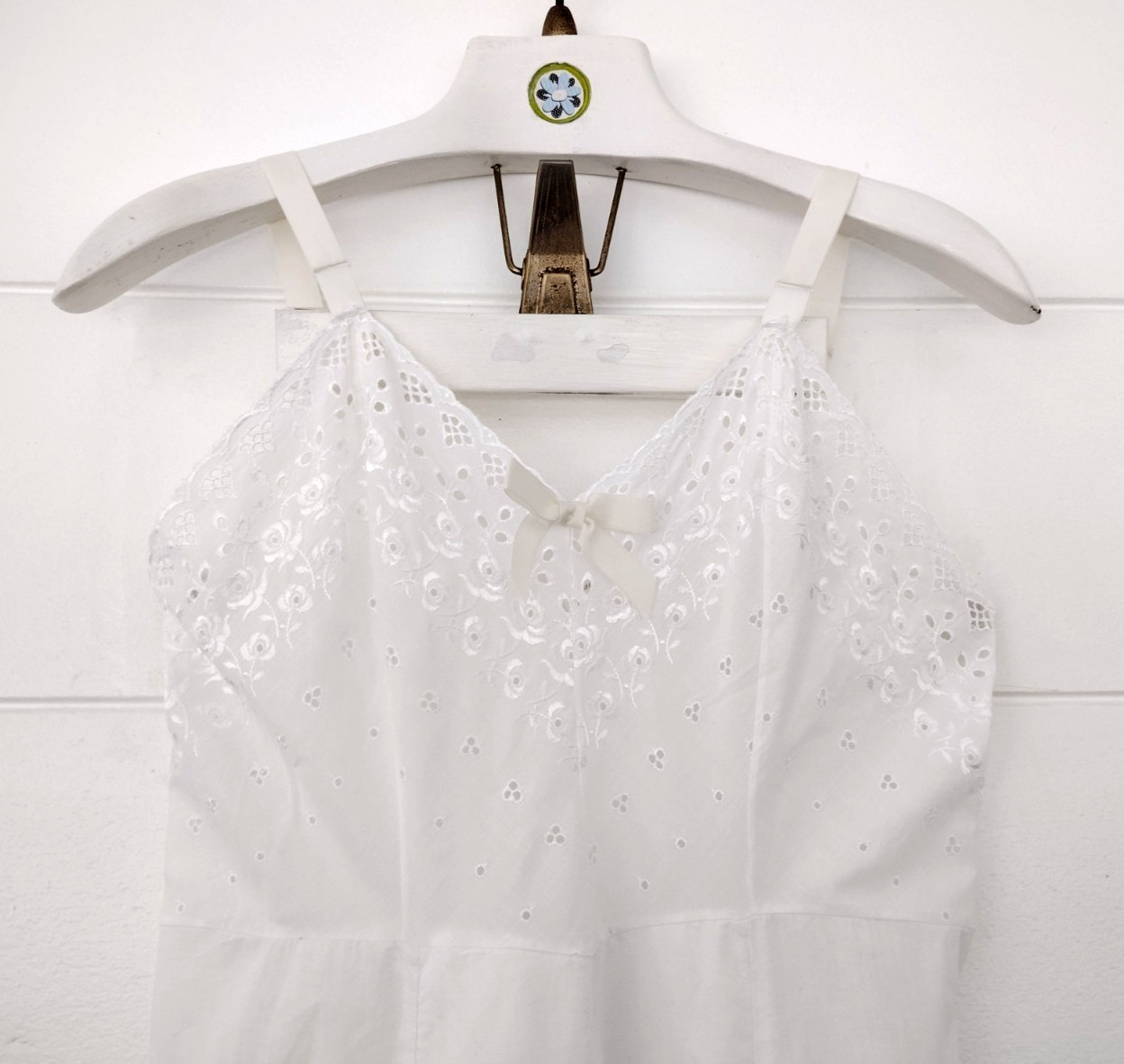 Vtg 50s Stones Wear Full Slip Dress White Cotton Eyelet Floral Lace Ruffle 38avg