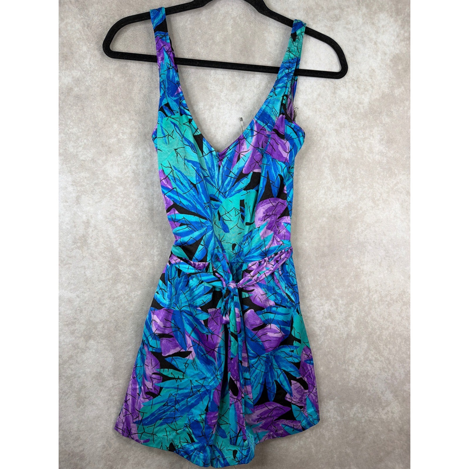 Maxine of Hollywood Swim Dress Women 16 Blue Purple Tropical Leaf Vintage 90s