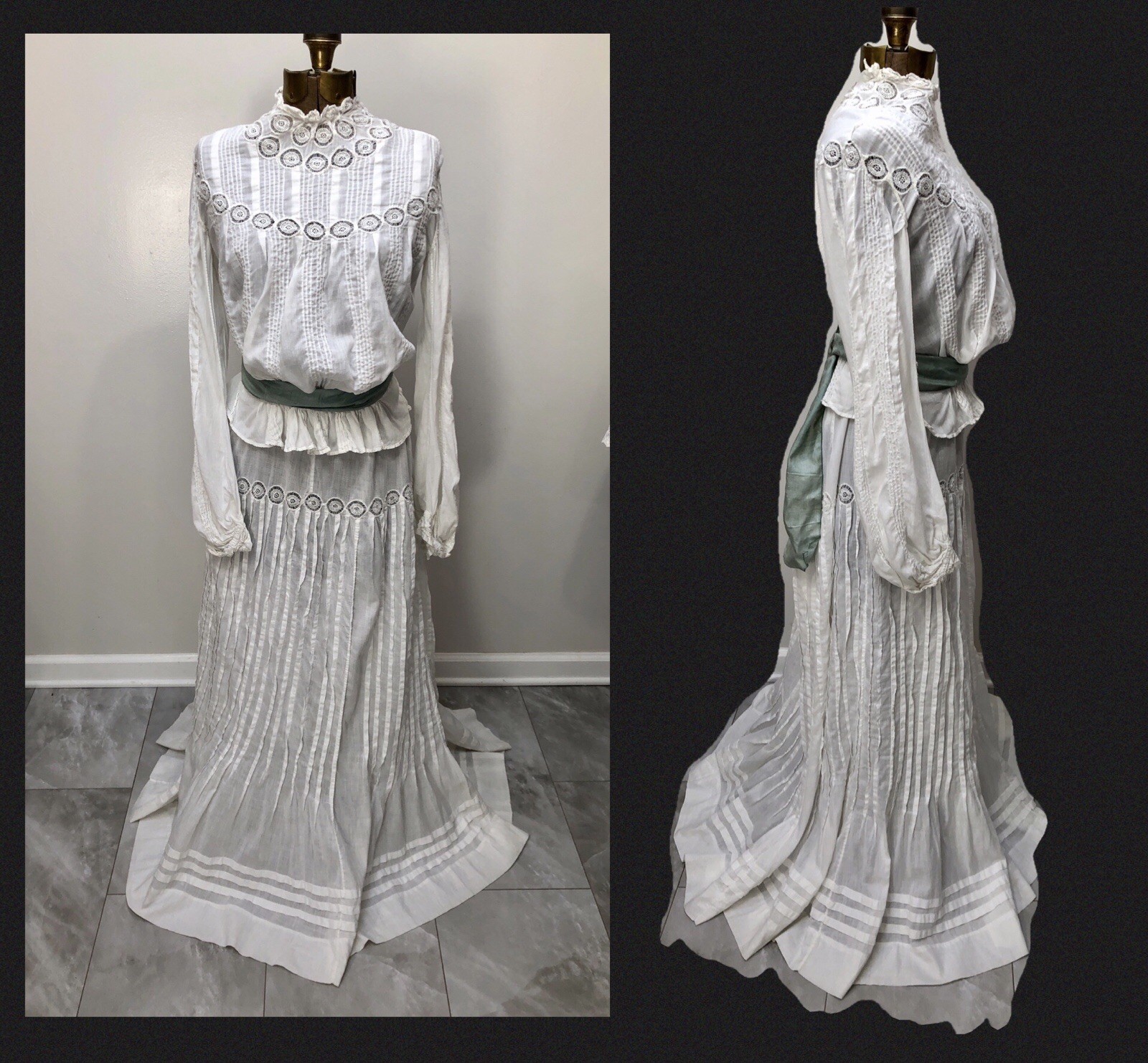 VTG 1900s White Lawn *GIBSON GIRL 2Pc Pigeon Breast WEDDING DRESS Filet Lace
