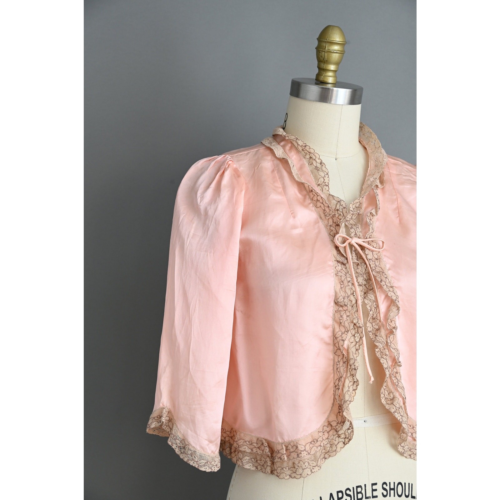 Vintage 1940s Lingerie Bed Jacket | Pink Silk Satin Lace Caplet | Small Medium